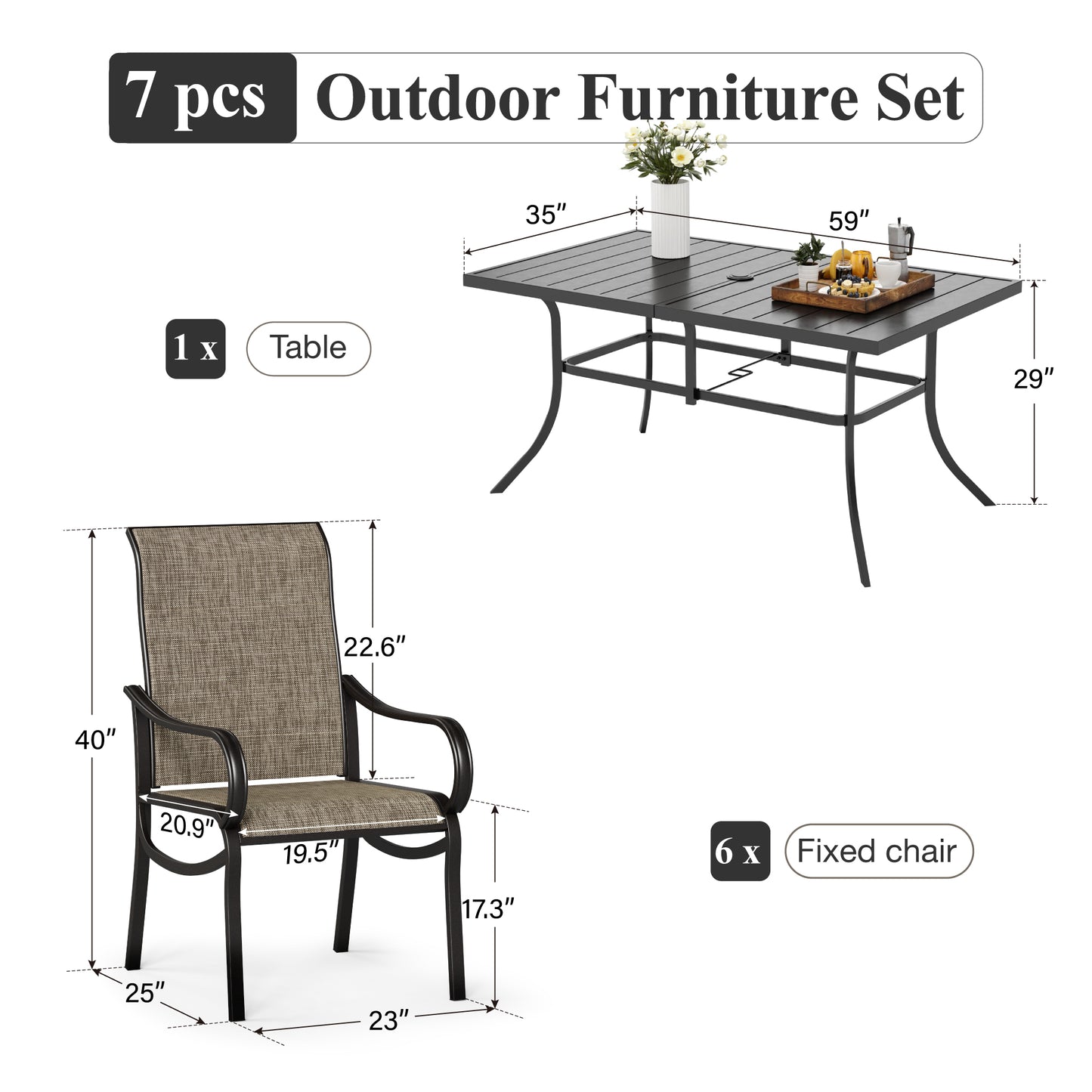Captiva Designs 7pc Patio Dining Slat-top Rectangle Table & Breathable Quick-dry Sling Chairs