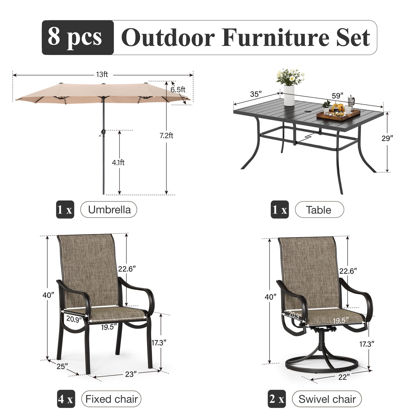 Captiva Designs 8pc Outdoor Rectangular Steel Dining Table & Breathable Sling Chairs & Market Umbrella