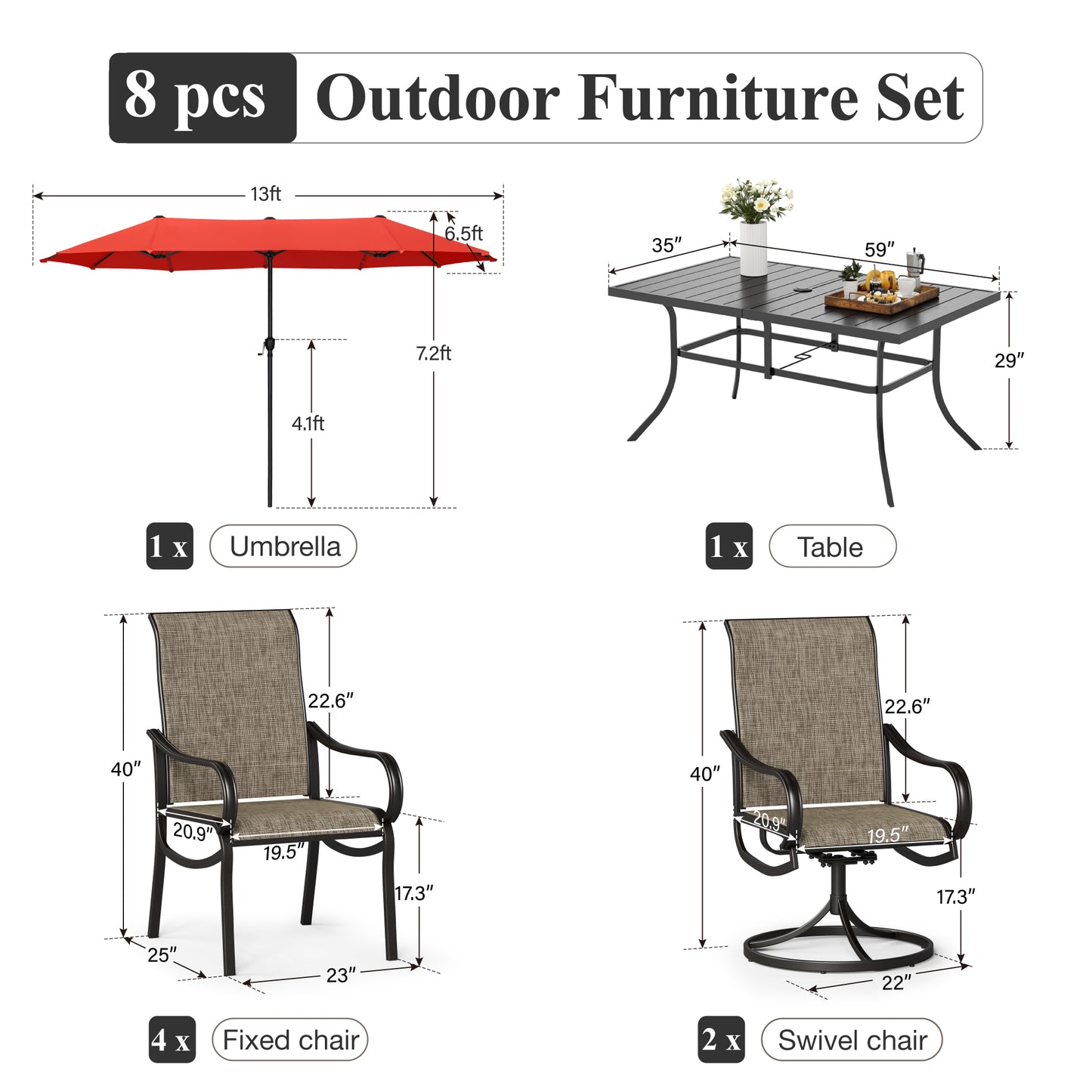 Captiva Designs 8pc Outdoor Rectangular Steel Dining Table & Breathable Sling Chairs & Market Umbrella