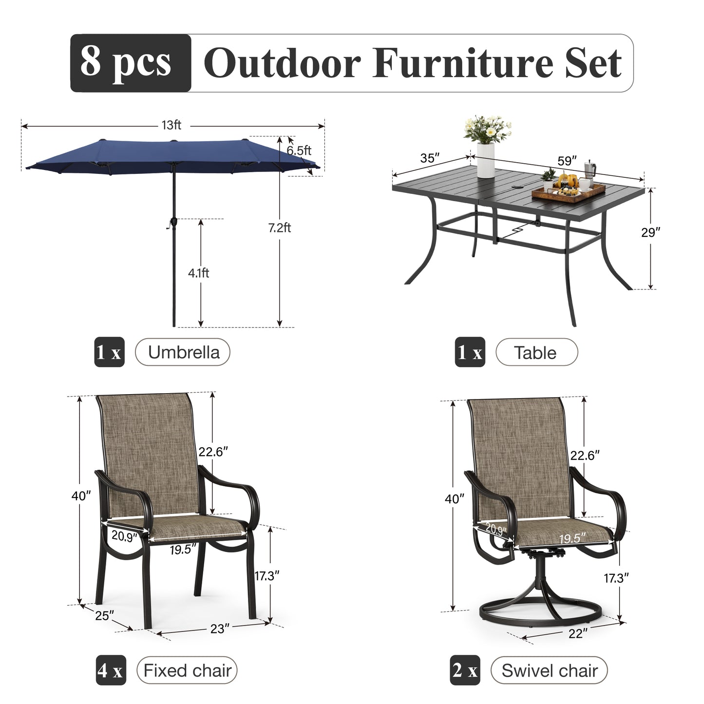 Captiva Designs 8pc Outdoor Rectangular Steel Dining Table & Breathable Sling Chairs & Market Umbrella