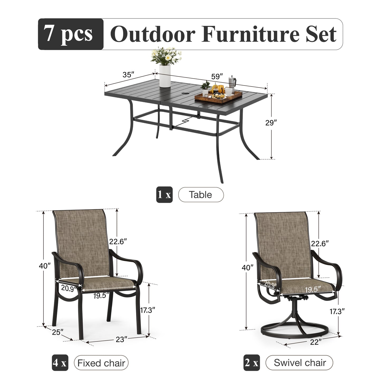 Captiva Designs 7pc Patio Dining Slat-top Rectangle Table & Breathable Quick-dry Sling Chairs