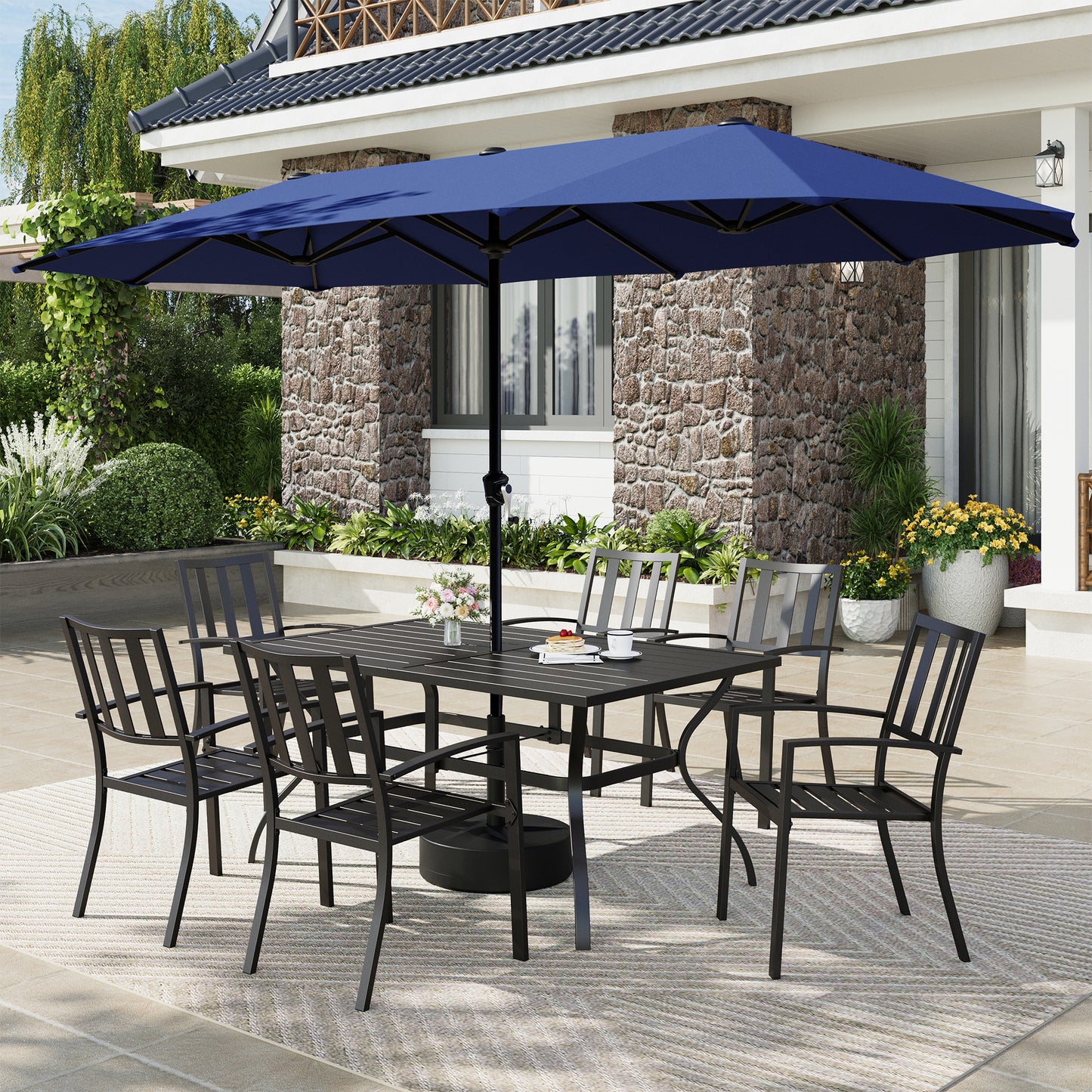 Captiva Designs 8pc Patio Slat-top Rectangle Steel Dining Table & Metal Stackable Chairs  & 13ft Large Umbrella