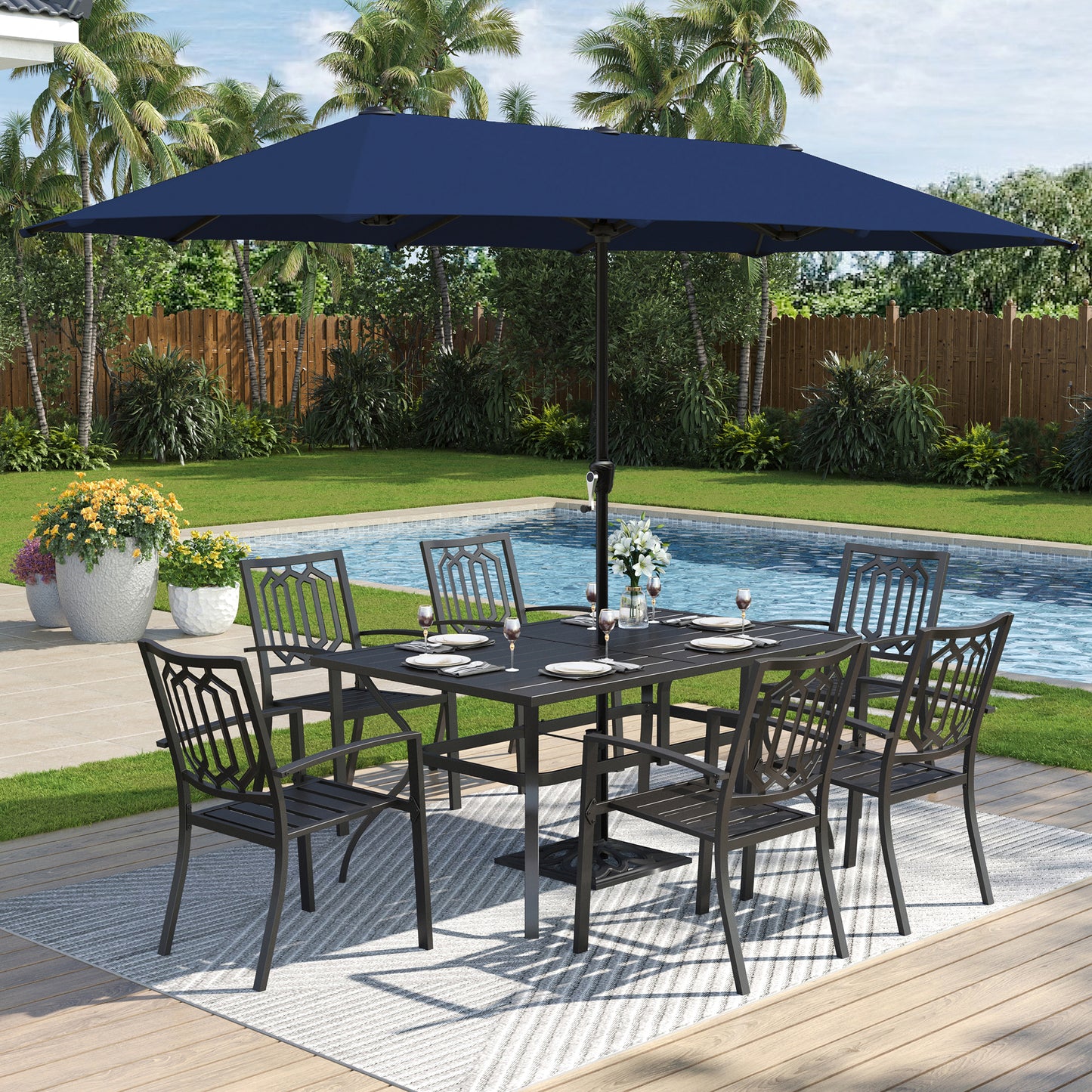 Captiva Designs 8pc Outdoor Rectangle Steel Dining Table & Metal Chairs & Market Umbrella