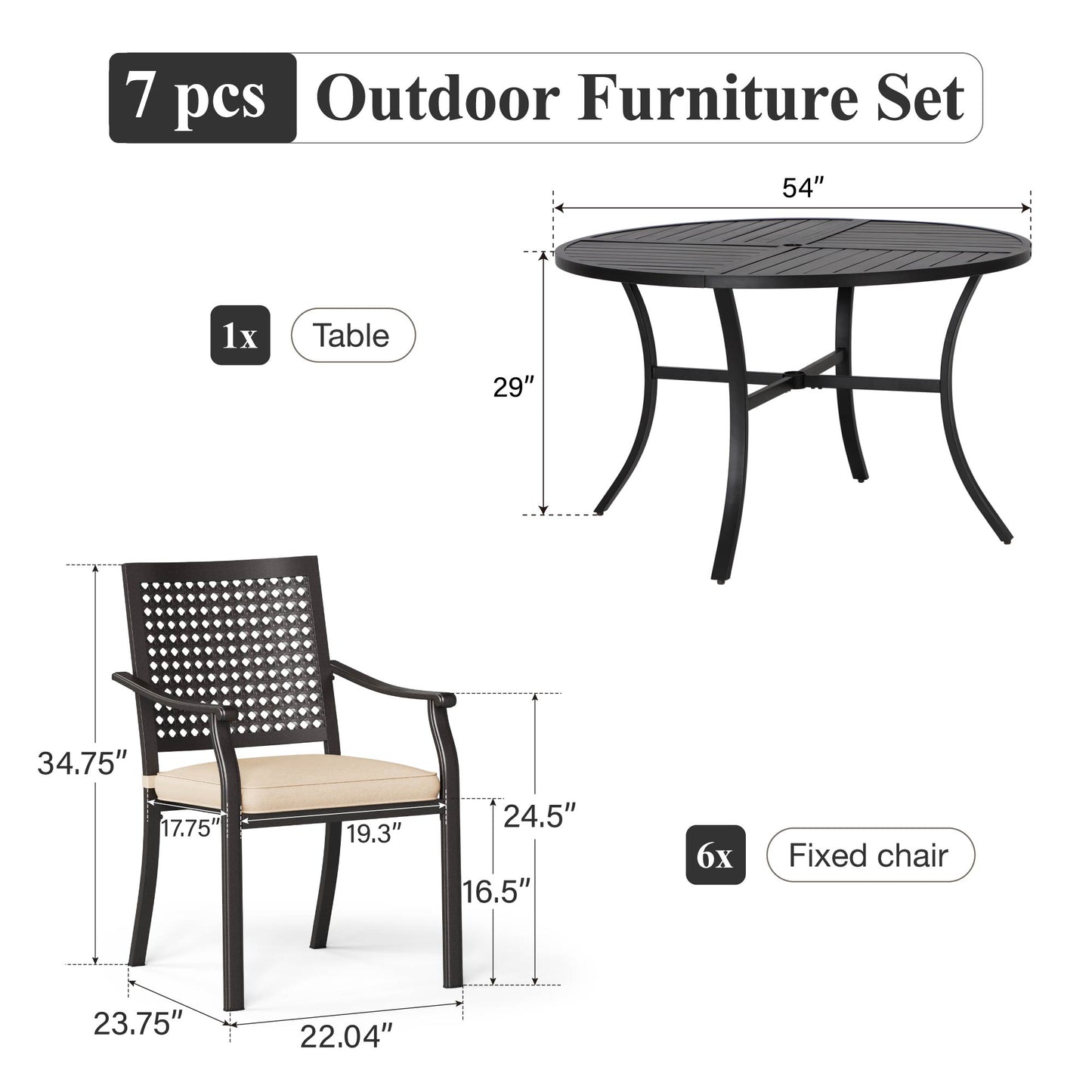 Captiva Designs 7pc Black Round Slatted Steel Table with Umbrella Hole& Metal Armrest Chairs