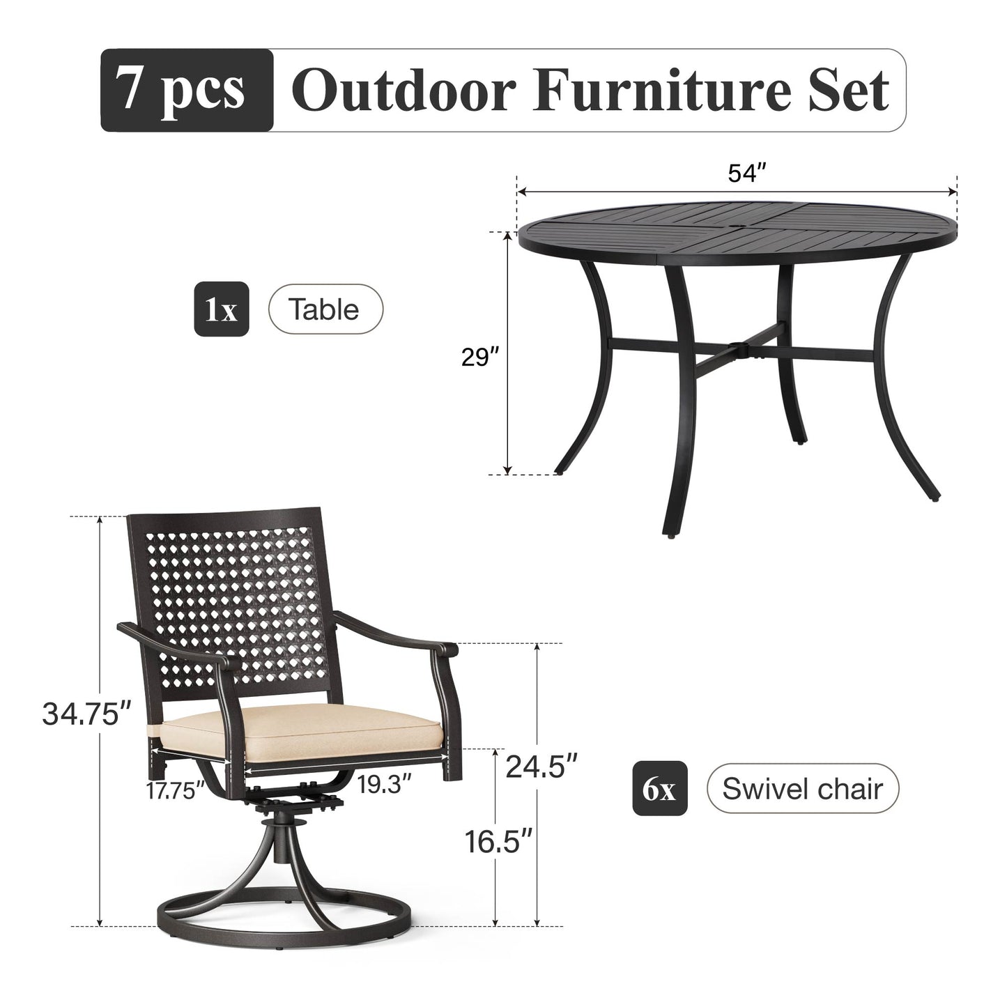 Captiva Designs 7 件套黑色圆形板条钢桌，带伞孔和金属可堆叠椅子