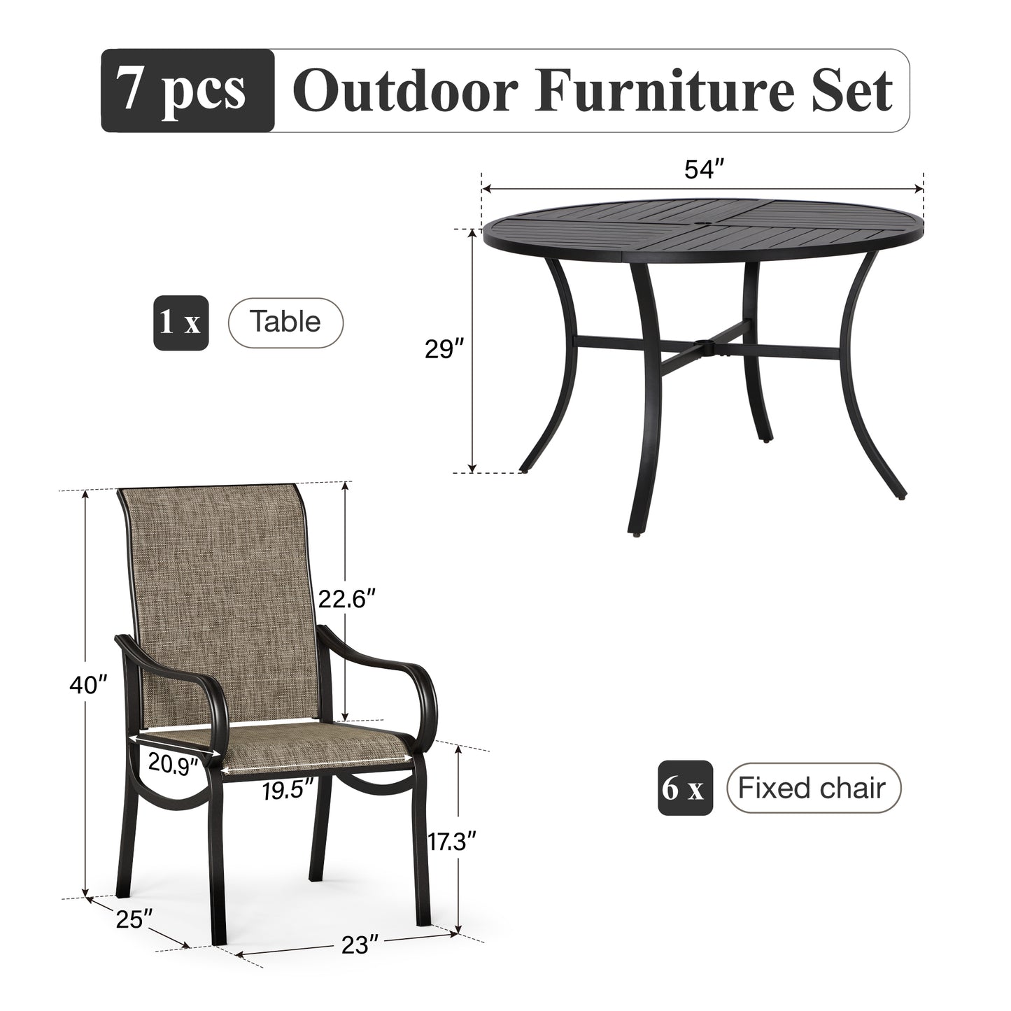 Captiva Designs 7pc Patio Dining Slat-top Rectangle Table & Breathable Quick-dry Sling Chairs
