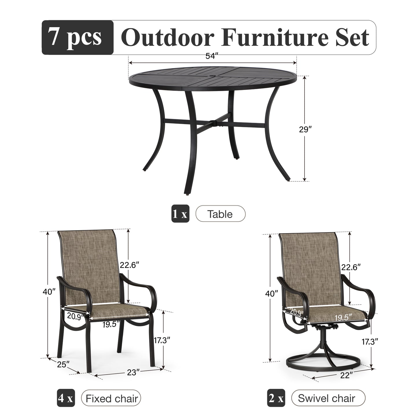 Captiva Designs 7pc Patio Dining Slat-top Rectangle Table & Breathable Quick-dry Sling Chairs