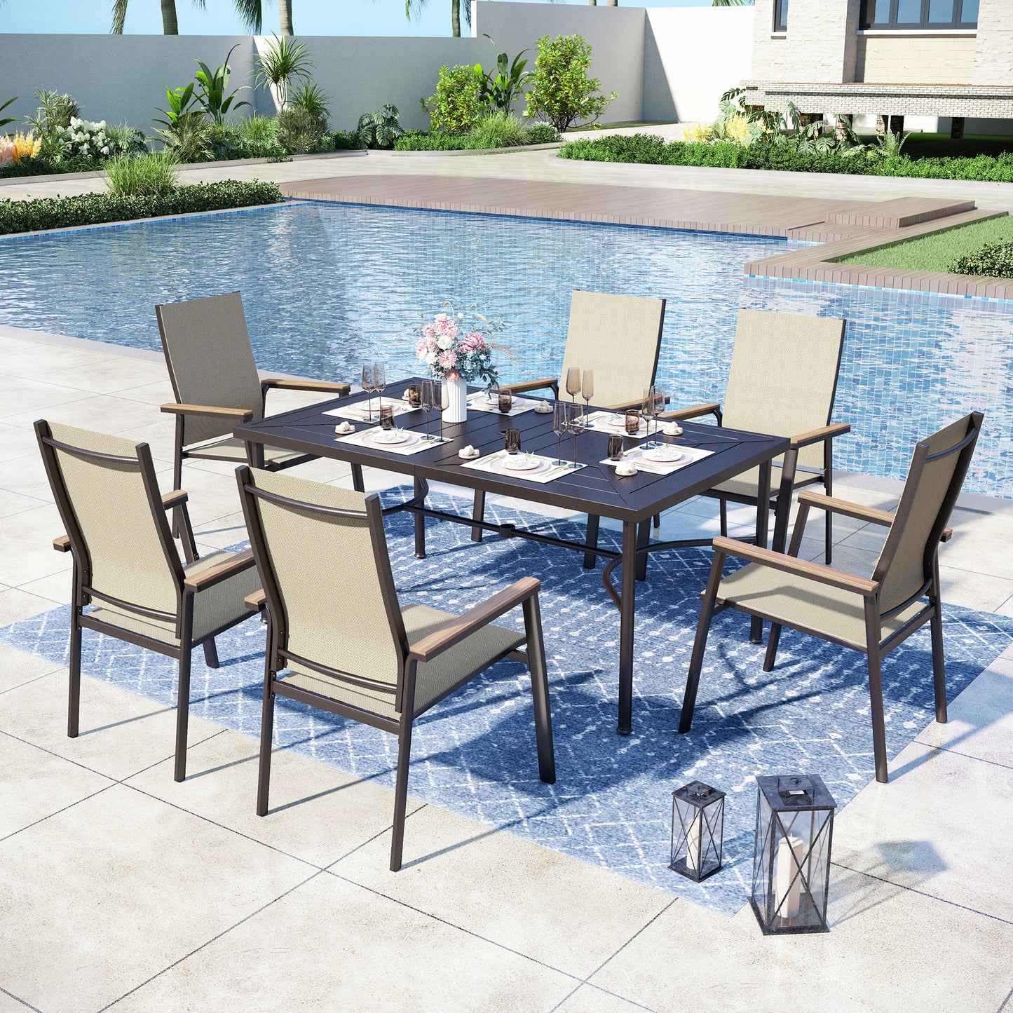 Captiva Designs 7pc Patio Dining Set with Steel Table & Sling Chairs with Wood-look Armrest