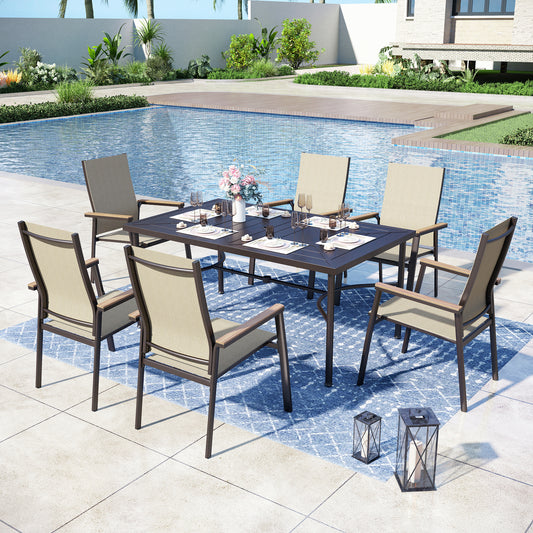 Captiva Designs 7pc Patio Dining Set with Steel Table & Sling Chairs with Wood-look Armrest