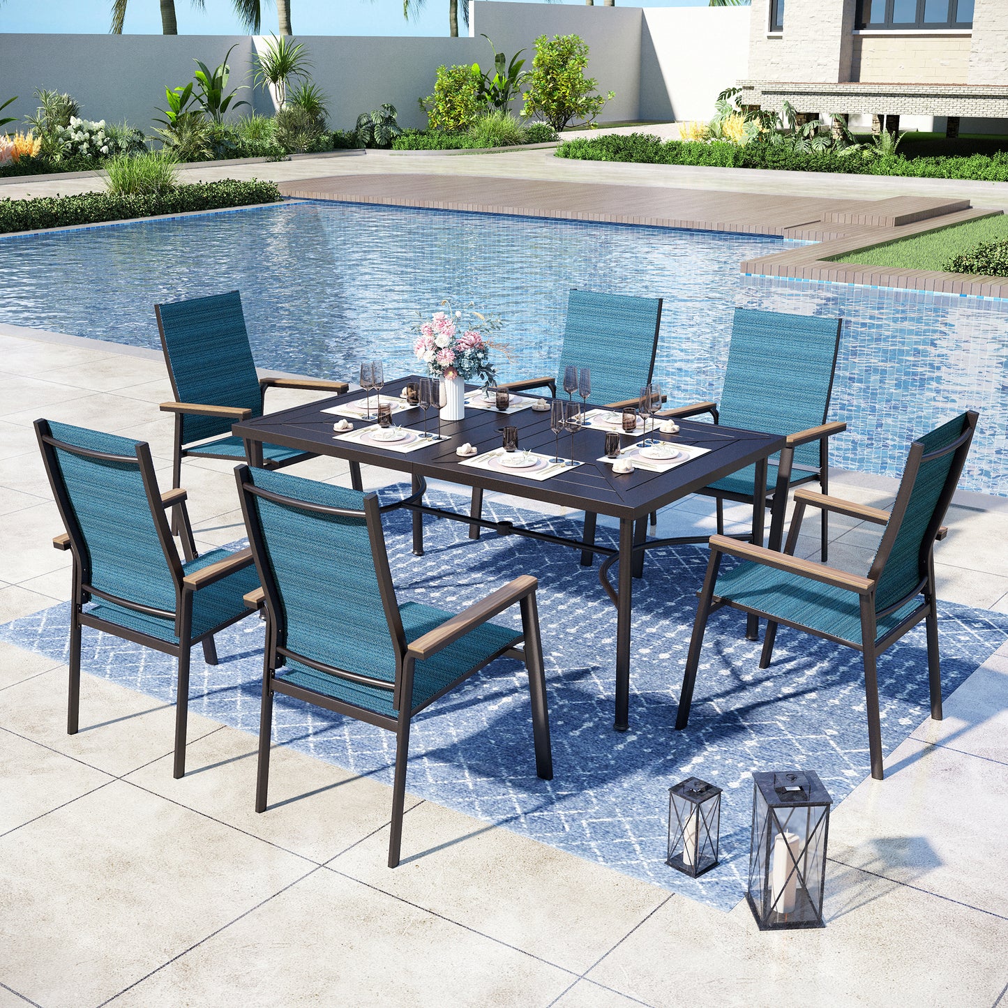 Captiva Designs 7pc Patio Dining Set with Steel Table & Sling Chairs with Wood-look Armrest
