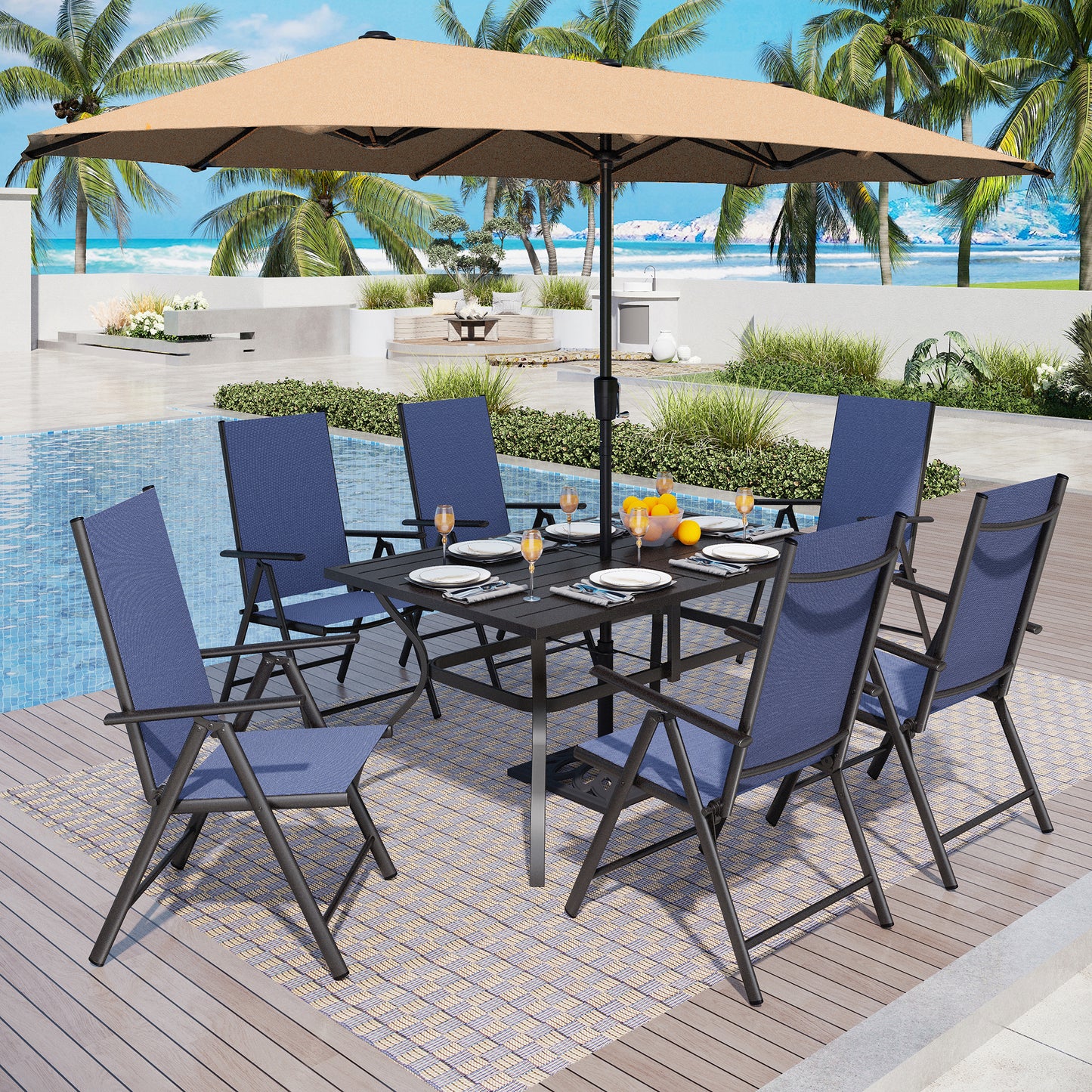 Captiva Designs 8pc Patio Slat-top Rectangle Table & Textilene Reclining Foldable Chairs & 13ft Large Umbrella