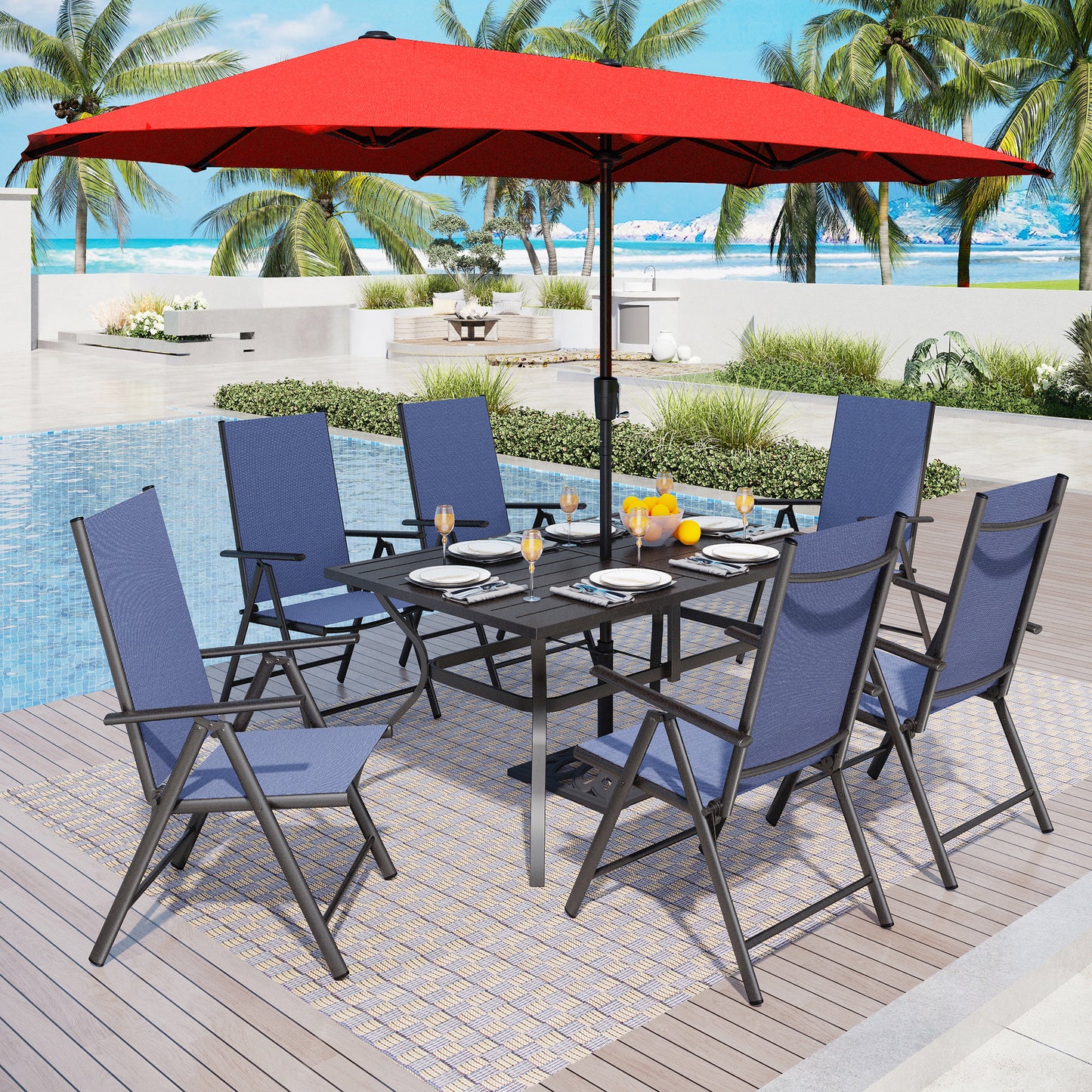 Captiva Designs 8pc Patio Slat-top Rectangle Table & Textilene Reclining Foldable Chairs & 13ft Large Umbrella