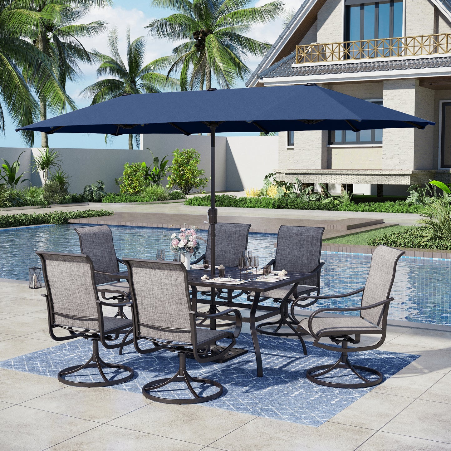 Captiva Designs 8pc Patio Steel Dining Table & Sling Swivel Chairs & Market Umbrella