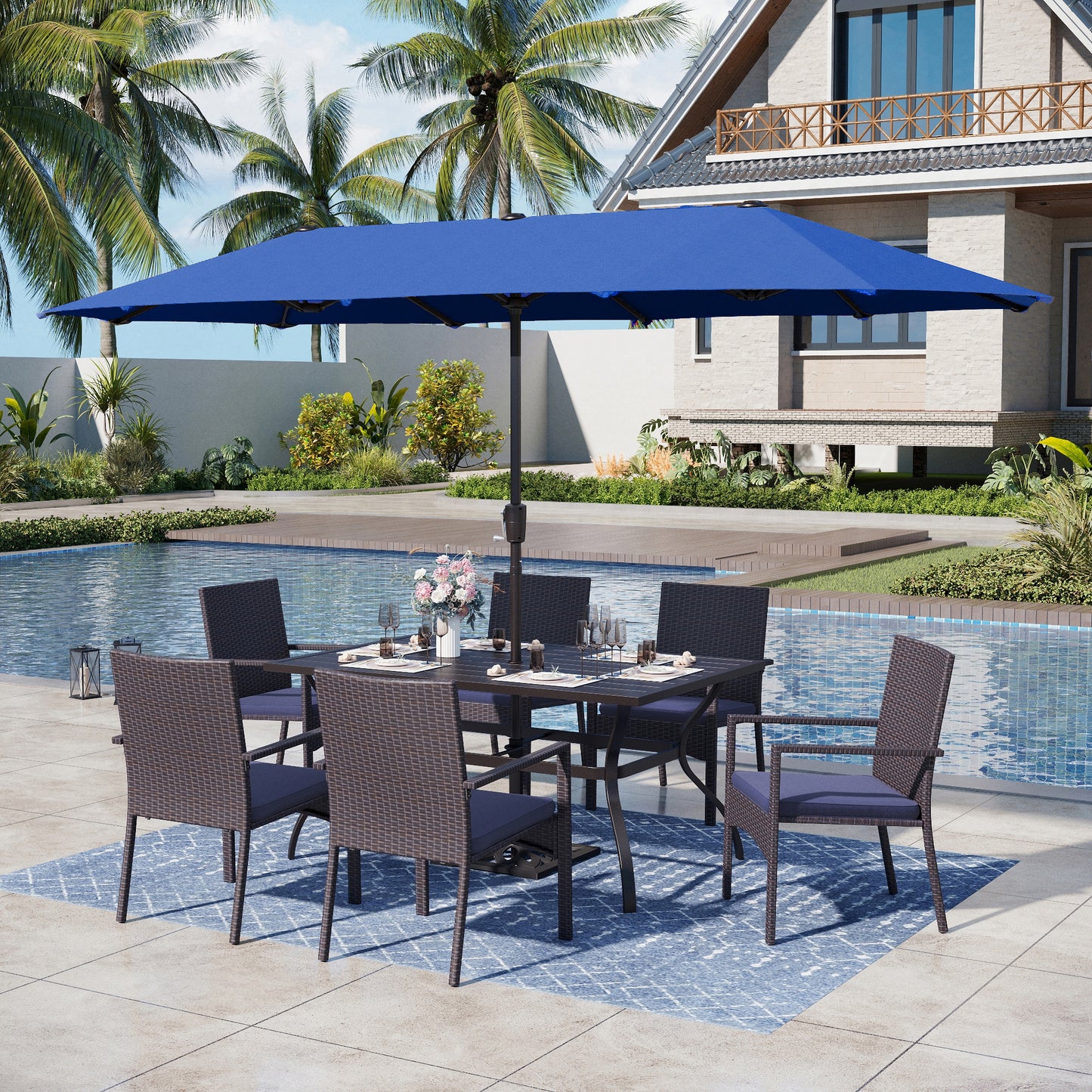 Captiva Designs 8pc Patio Slat-top Steel Dining Table & Haiti Rattan Chairs & Market Umbrella