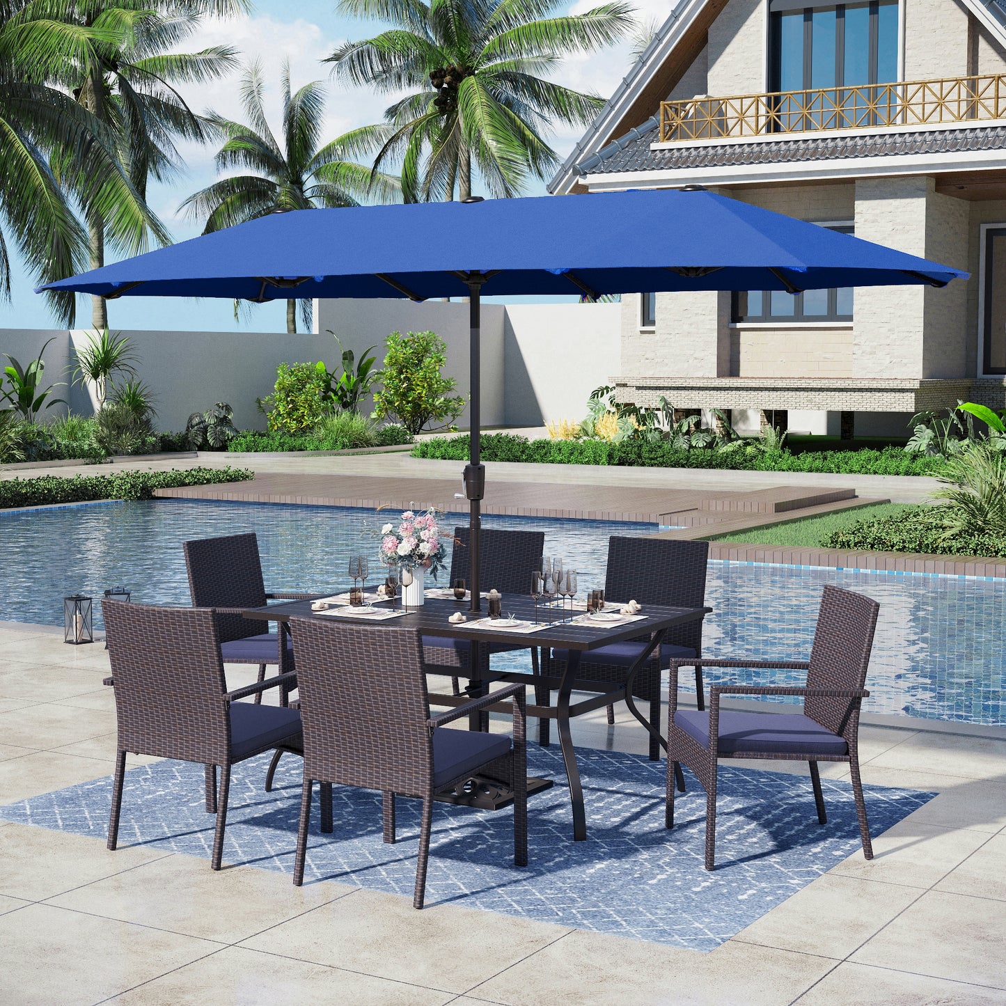 Captiva Designs 8pc Patio Slat-top Steel Dining Table & Haiti Rattan Chairs & Market Umbrella