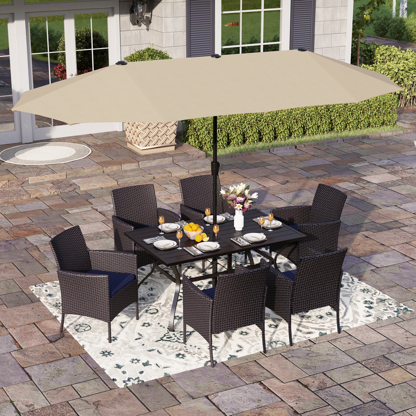 Captiva Designs 8pc Patio Slat-top Black Dining Table & Crescent Arm Rattan Chairs & Market Umbrella