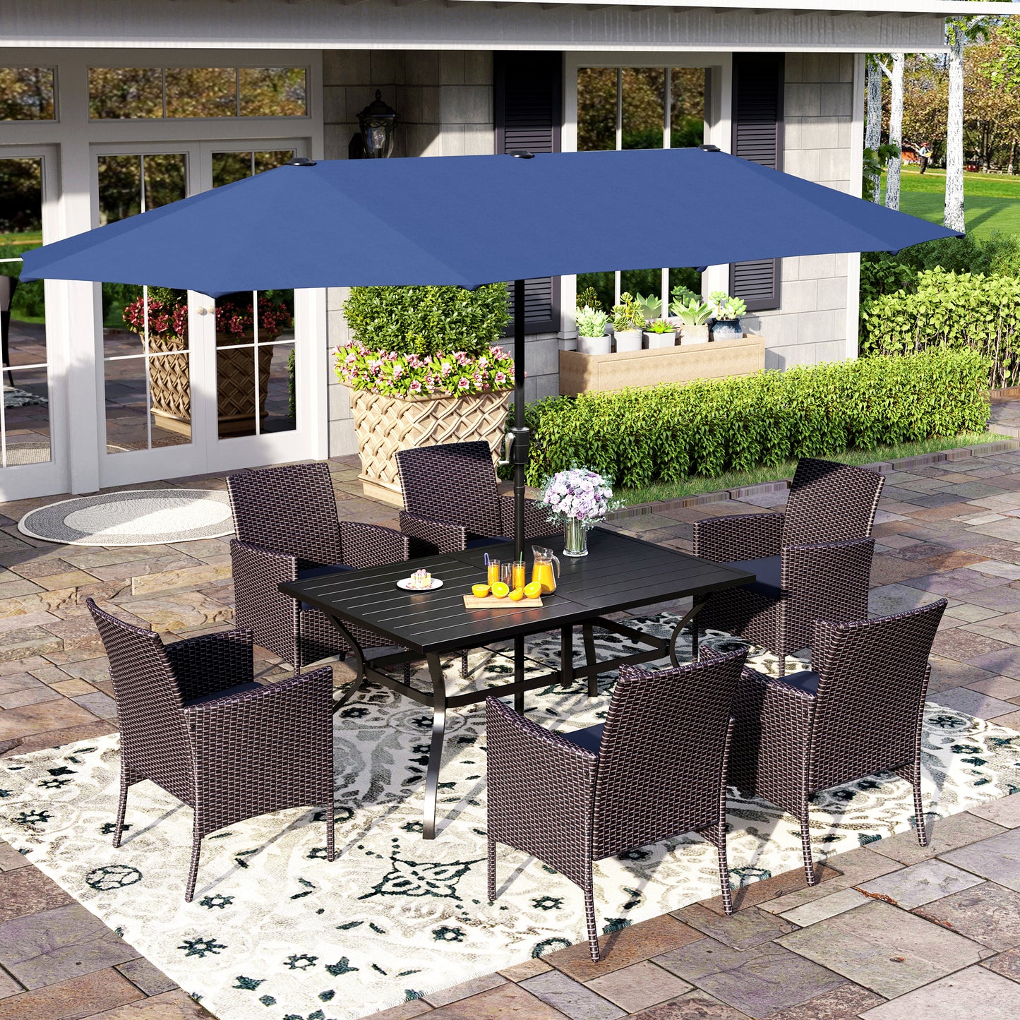 Captiva Designs 8pc Patio Slat-top Black Dining Table & Crescent Arm Rattan Chairs & Market Umbrella