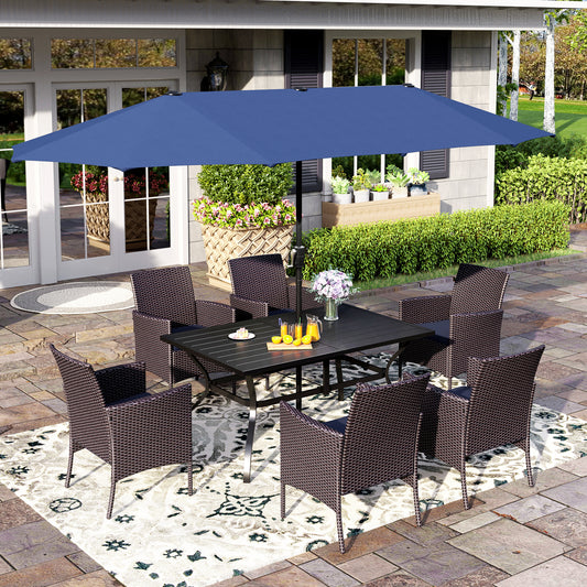 Captiva Designs 8pc Patio Slat-top Black Dining Table & Crescent Arm Rattan Chairs & Market Umbrella