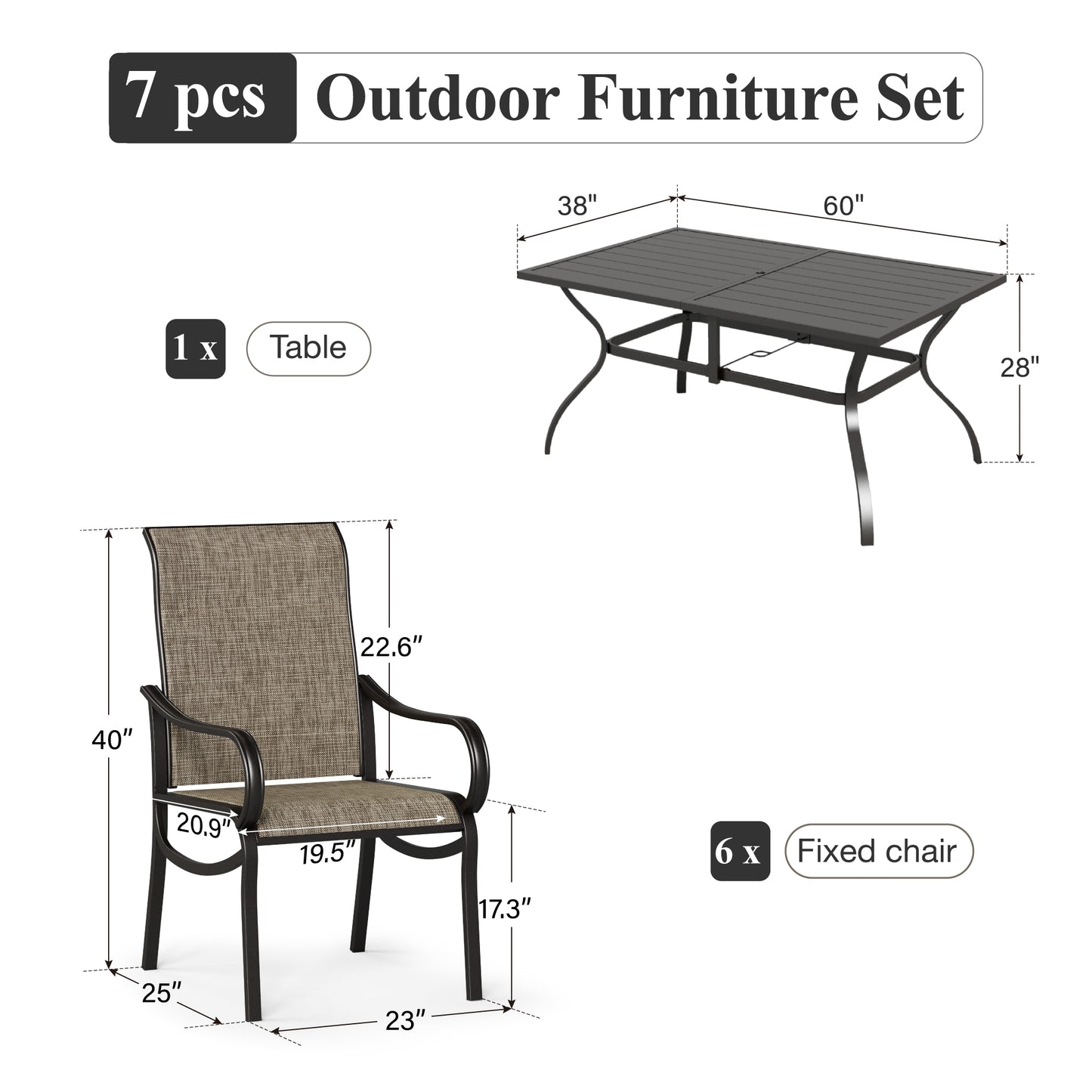 Captiva Designs 7pc Patio Dining Slat-top Rectangle Table & Breathable Quick-dry Sling Chairs