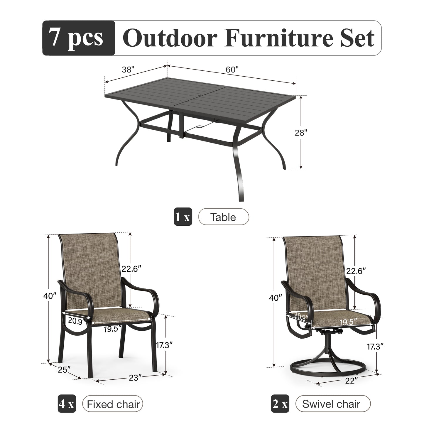 Captiva Designs 7pc Patio Dining Slat-top Rectangle Table & Breathable Quick-dry Sling Chairs