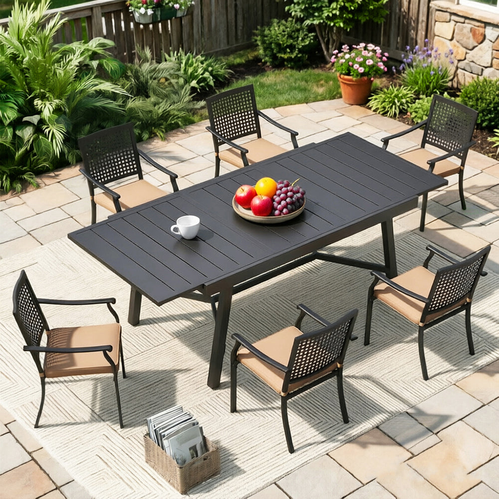 Captiva Designs 7pc Outdoor Expandable Rectangle Dining Table & Metal Armrest Chairs