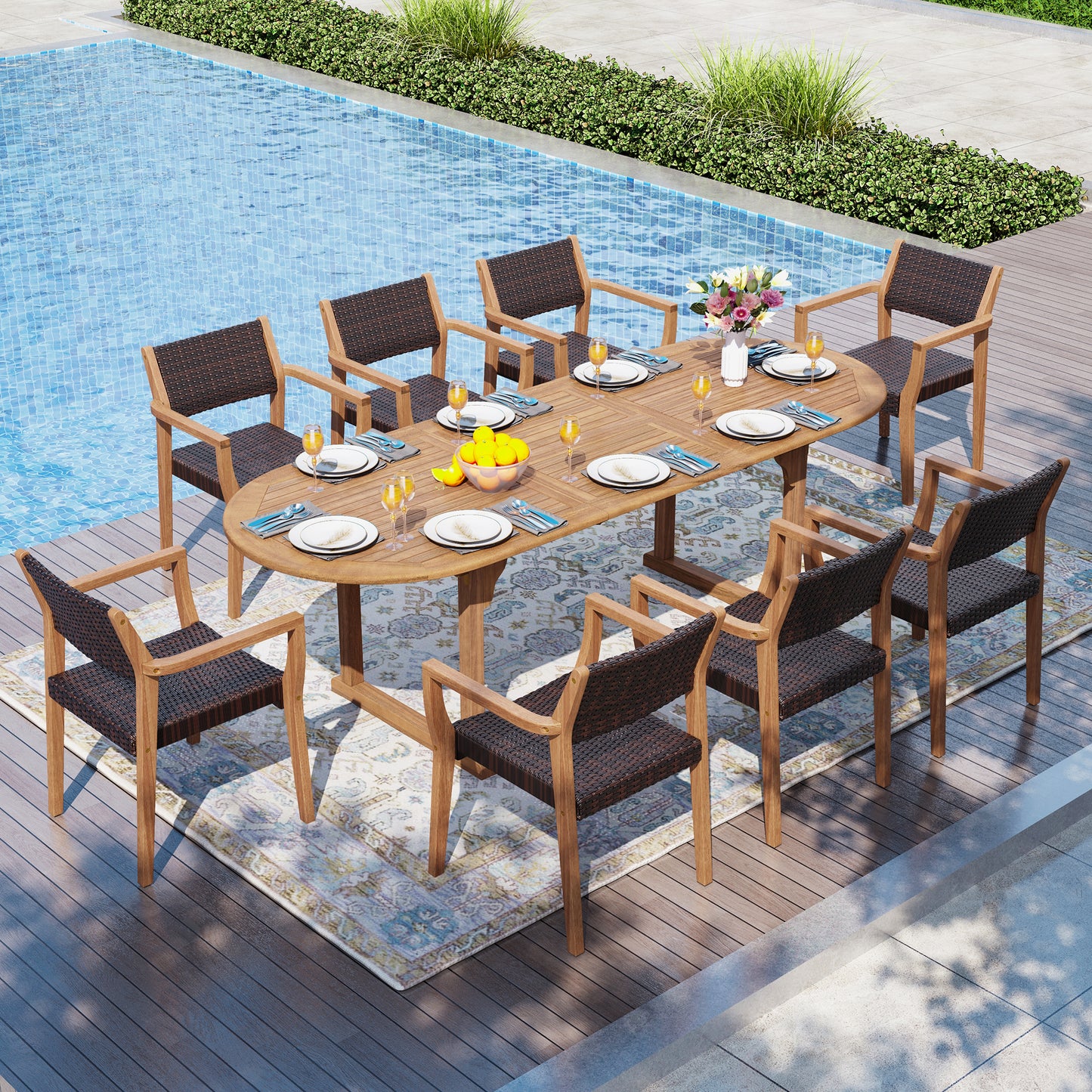 Captiva Designs 9pc Outdoor Patio Furniture Set with Rectangle Table and Armrest Chairs