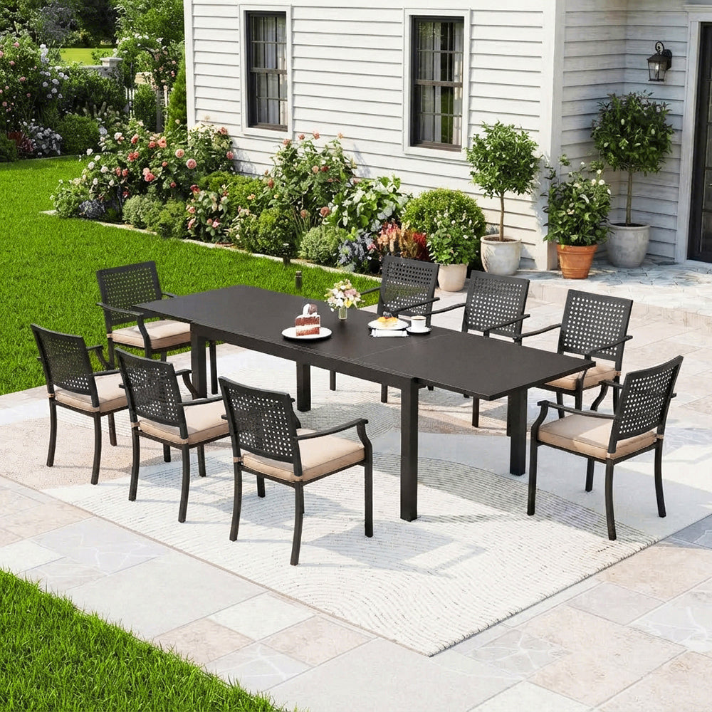 Captiva Designs 9pc Patio Adjustable Steel Rectangle Dining Table & Metal Chairs with Bull's Eye Pattern