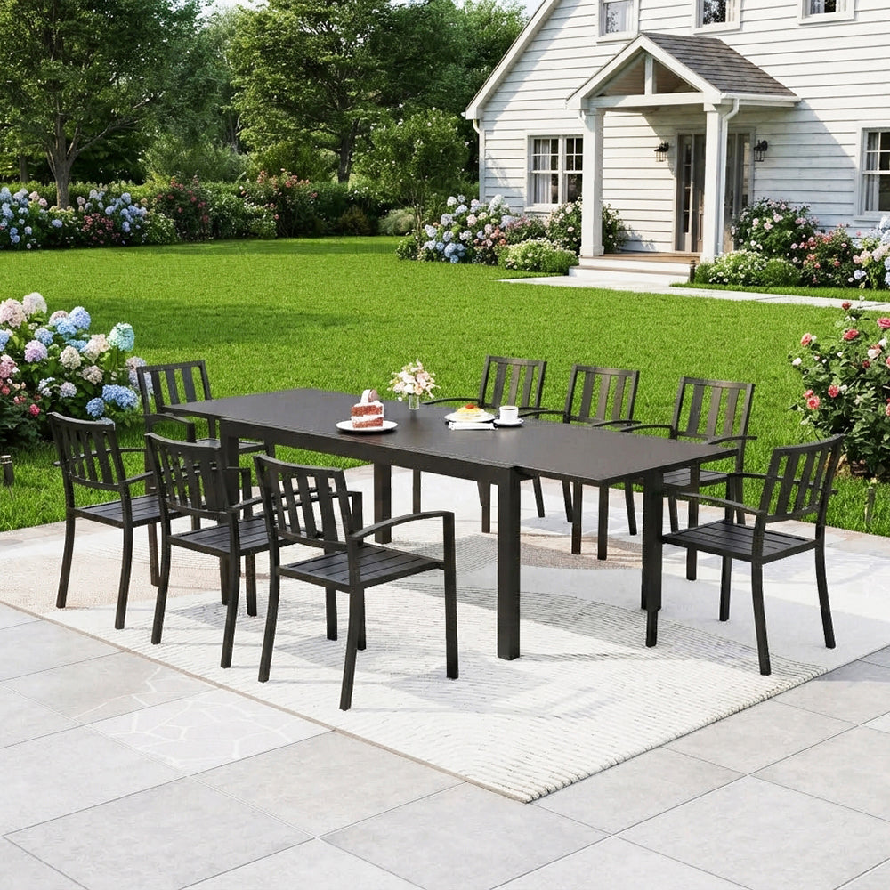 Captiva Designs 9pc Outdoor Patio Adjustable Steel Rectangle Dining Table & Metal Stackable Chairs