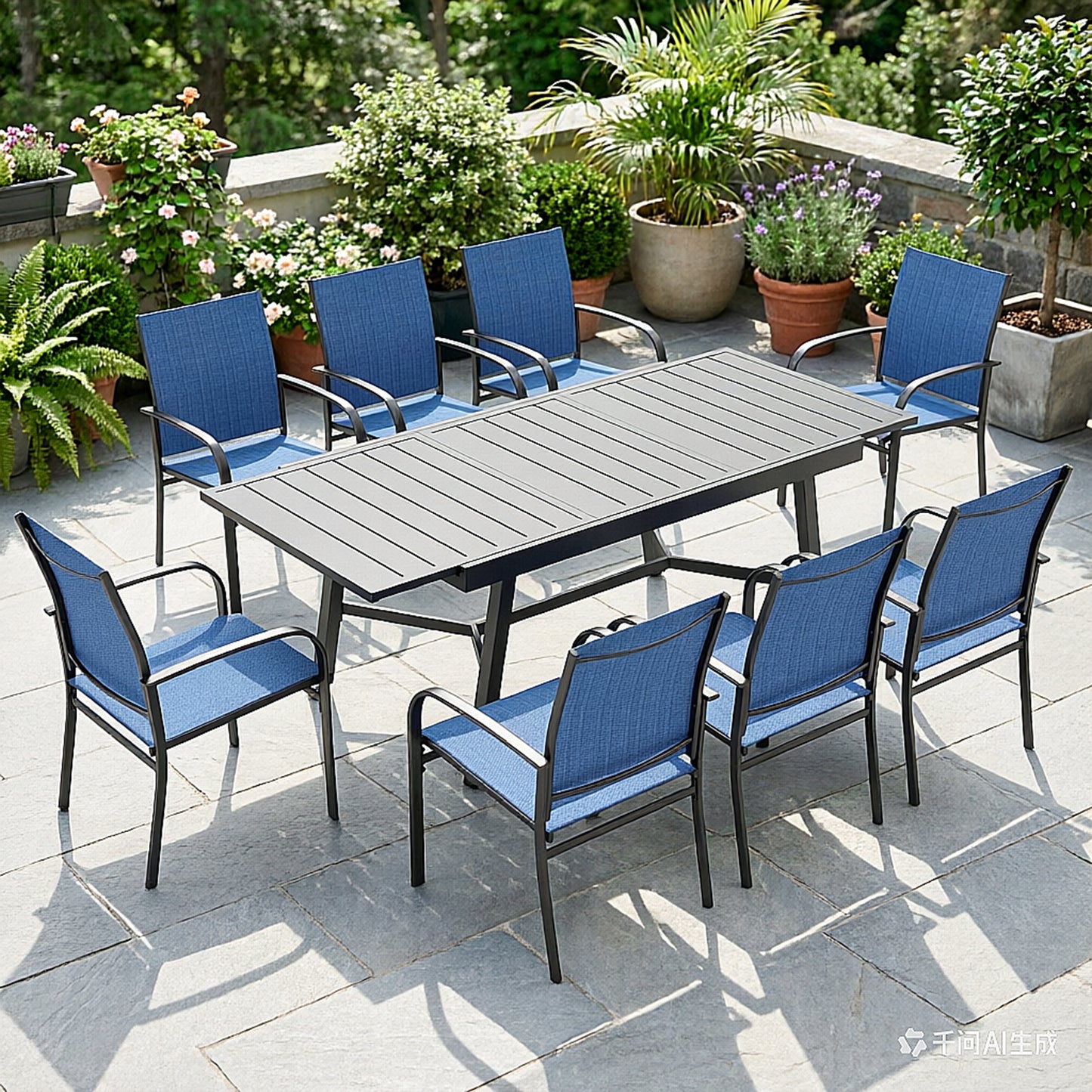 Captiva Designs 9pc Outdoor Patio Slat-top Rectangle Metal Dining Table & Breathable Textilene Chairs