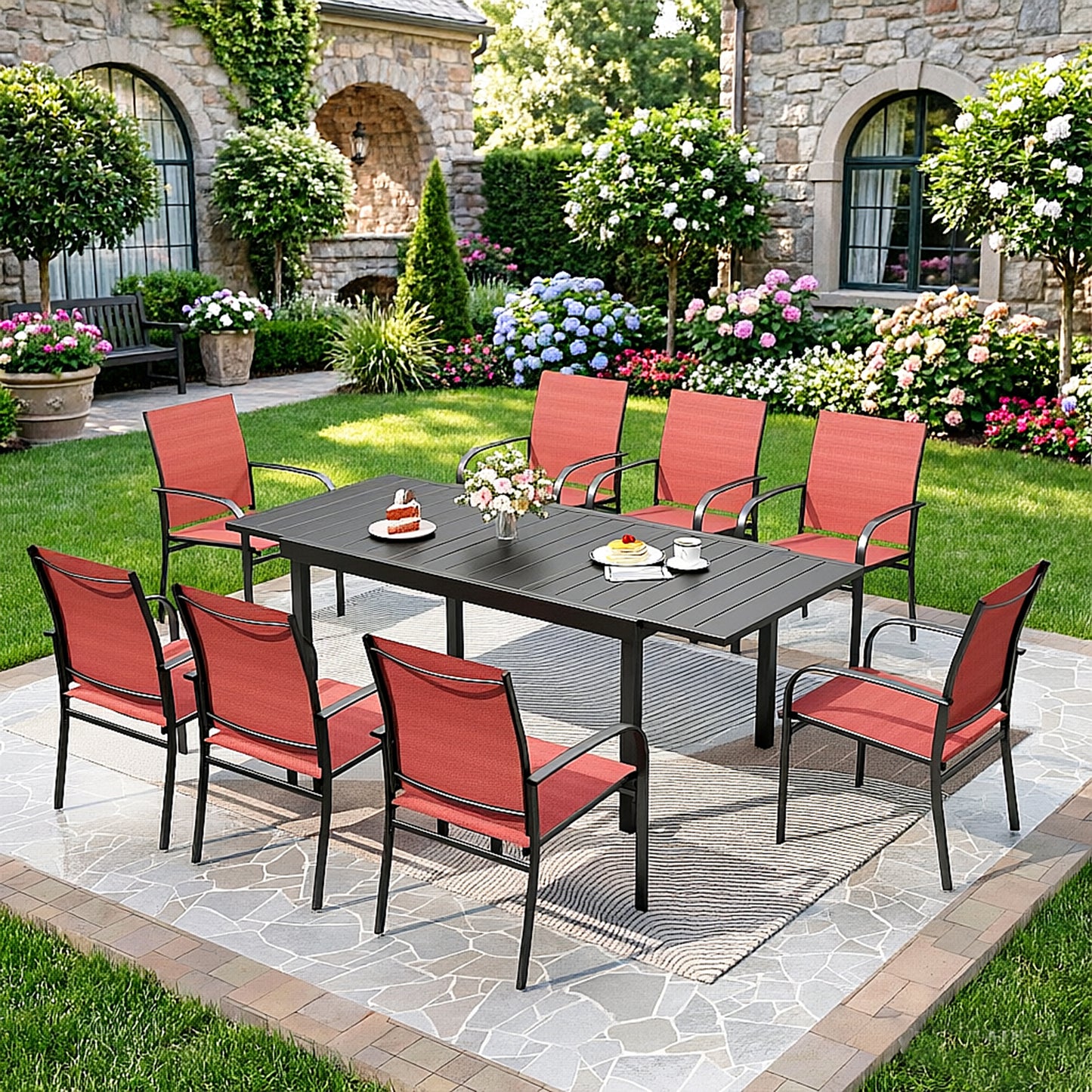 Captiva Designs 9pc Patio Dining Set with Black Expandable Steel Rectangle Table & Sling Fixed Chairs