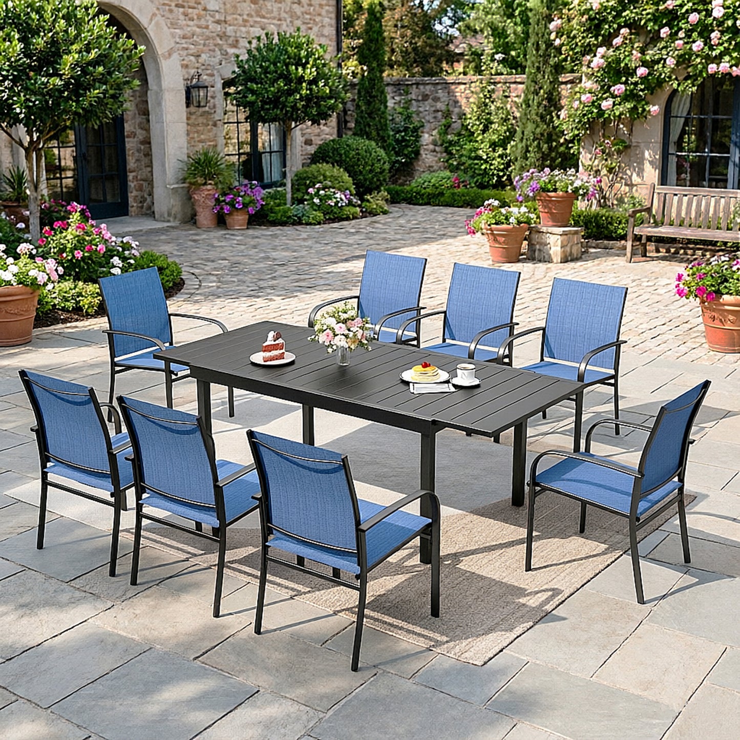 Captiva Designs 9pc Patio Dining Set with Black Expandable Steel Rectangle Table & Sling Fixed Chairs