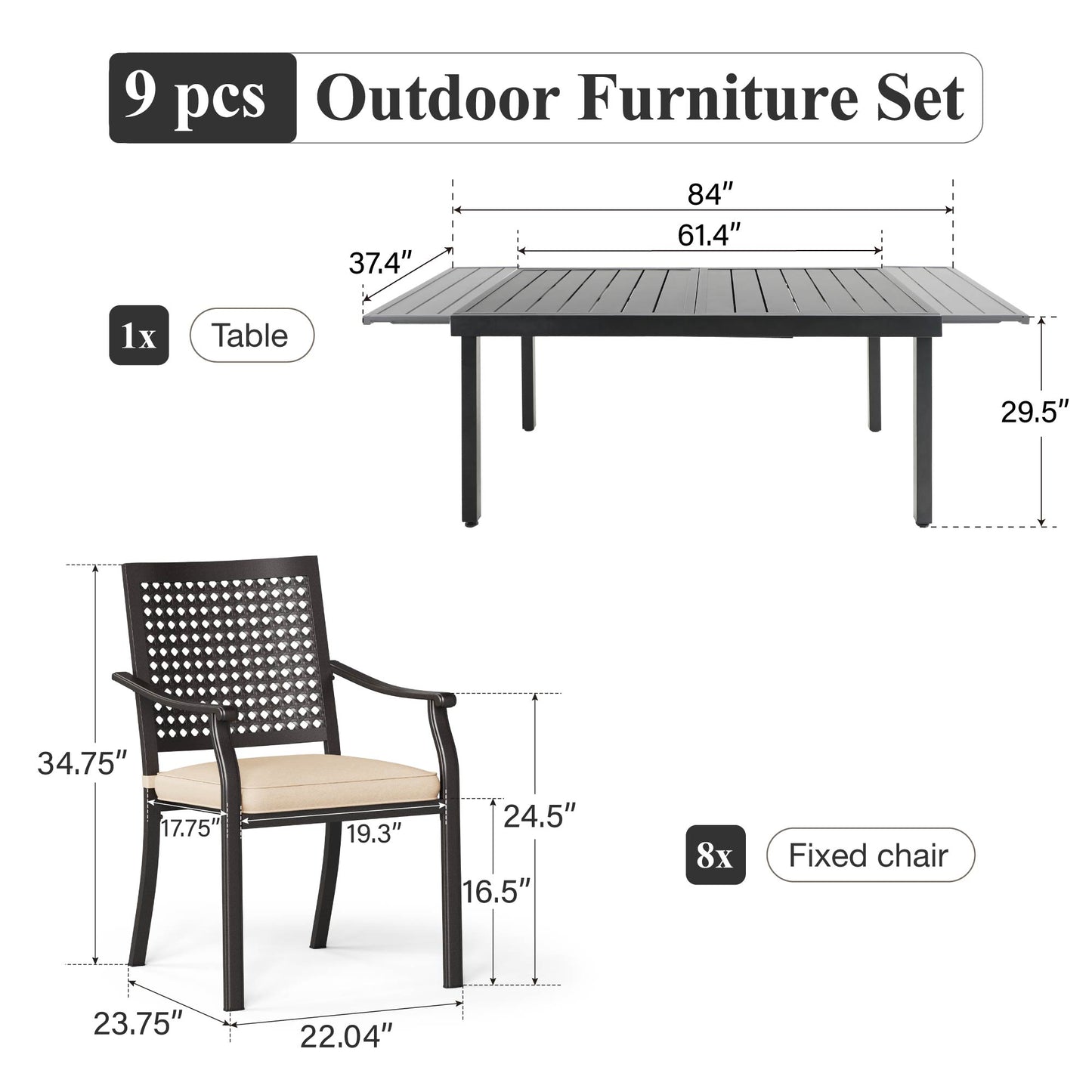 Captiva Designs 9pc Patio Adjustable Steel Rectangle Dining Table & Metal Chairs with Bull's Eye Pattern