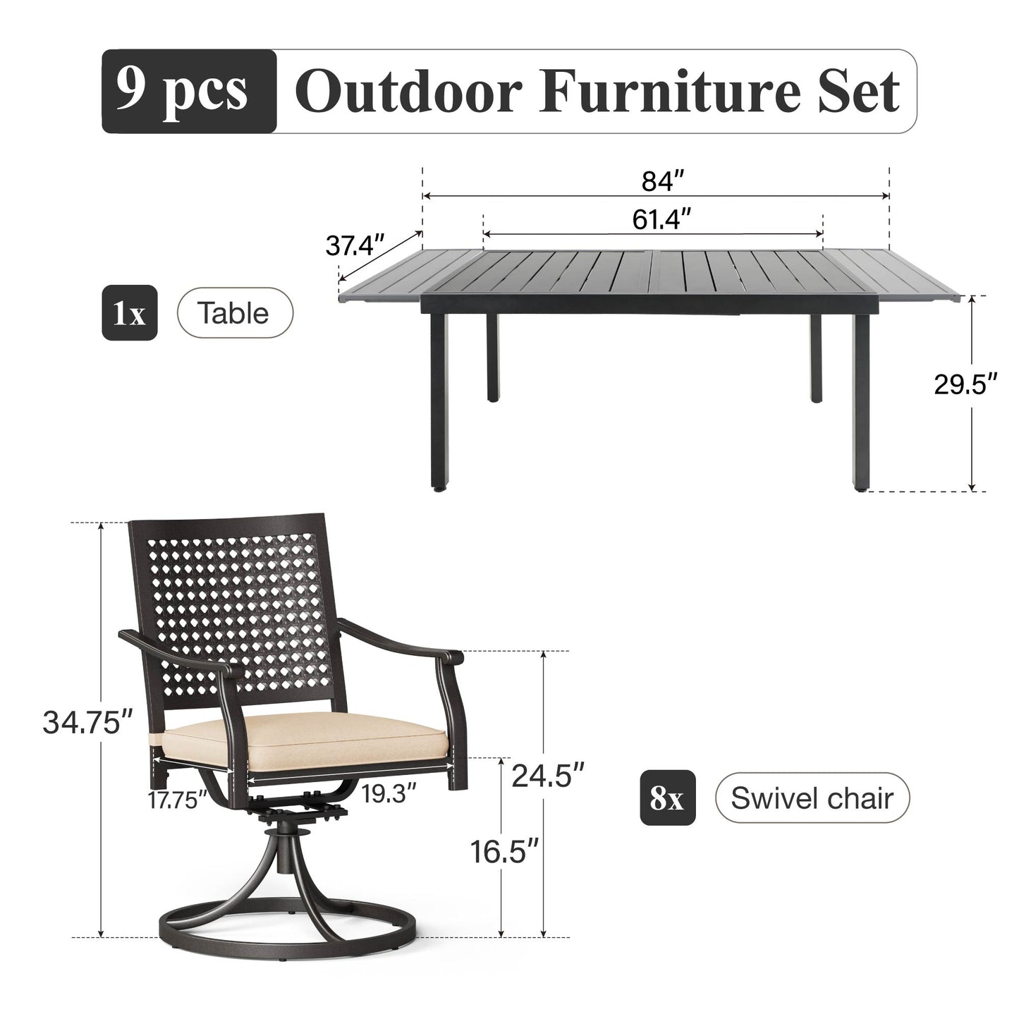Captiva Designs 9 件套露台板顶可调节钢制矩形桌和可叠放椅子，带靶心图案