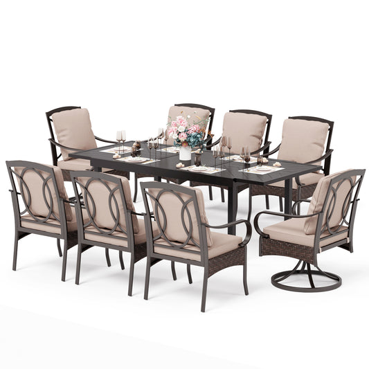 Captiva Designs 9pc Patio Dining Extendable Steel Rectangle Table & Rattan Metal Fixed Chairs & Swivel Arm Chairs