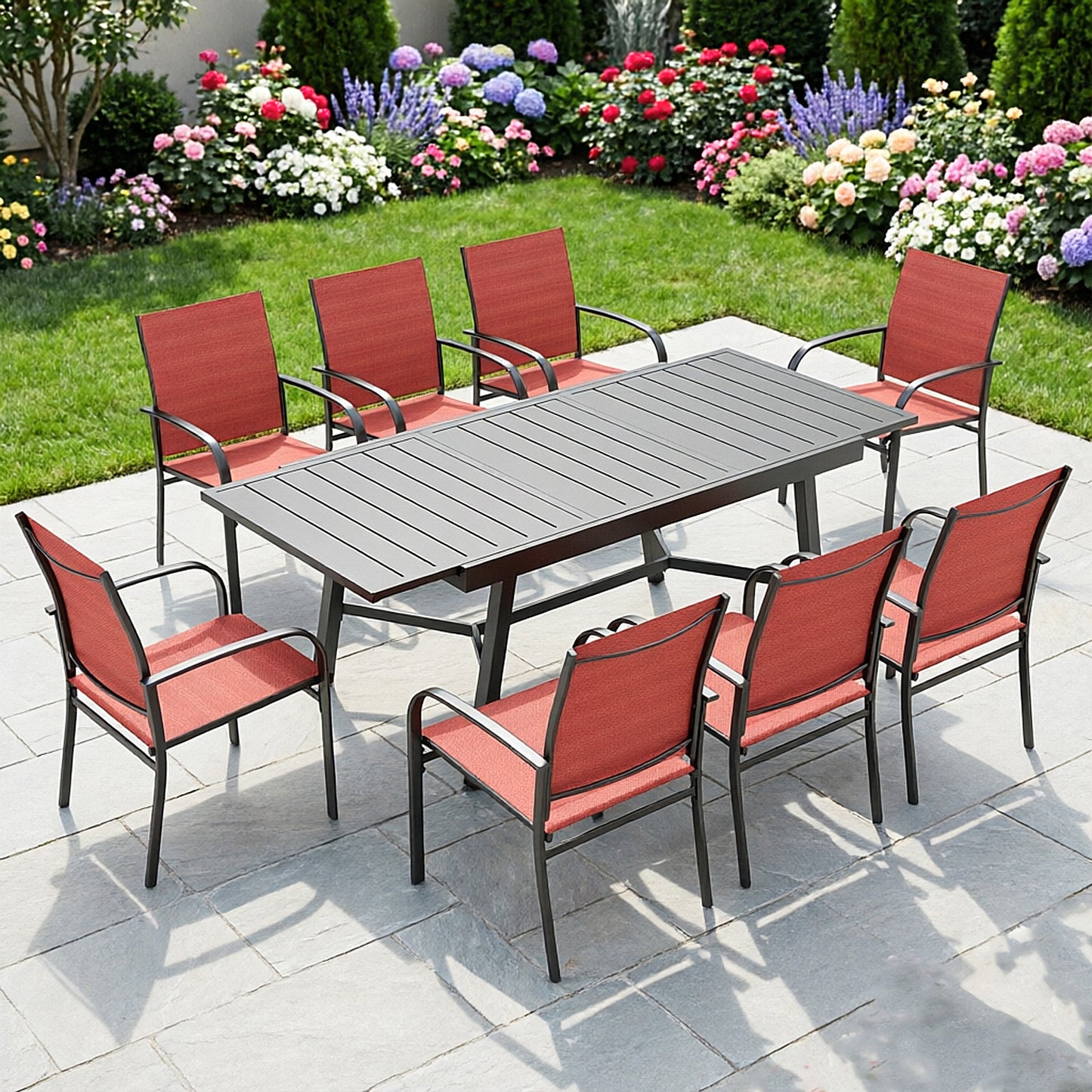 Captiva Designs 9pc Outdoor Patio Slat-top Rectangle Metal Dining Table & Breathable Textilene Chairs