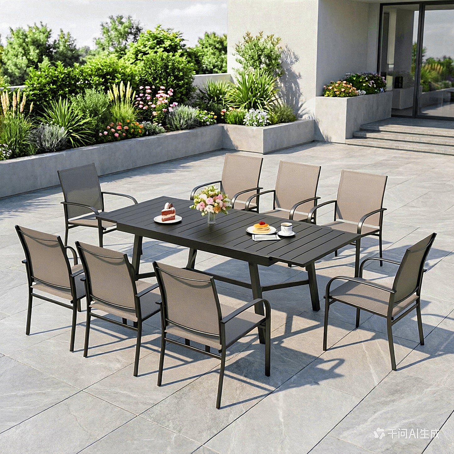 Captiva Designs 9pc Outdoor Patio Slat-top Rectangle Metal Dining Table & Breathable Textilene Chairs