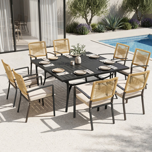 Captiva Designs Outdoor Dining Set with Slat-top Steel Table & Brown Rattan Chairs with Cushions