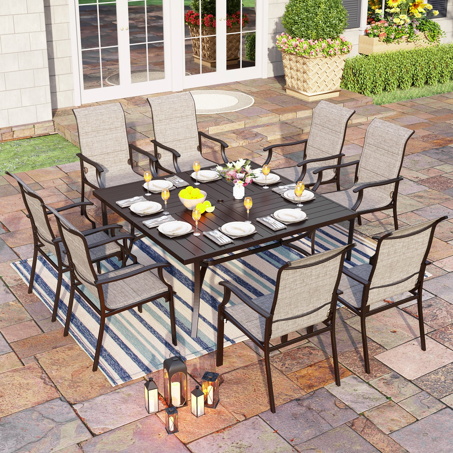 Captiva Designs 9pc Patio Spacious Black Steel Dining Table & High Back Padded Grayish Brown Sling Armrest Chairs