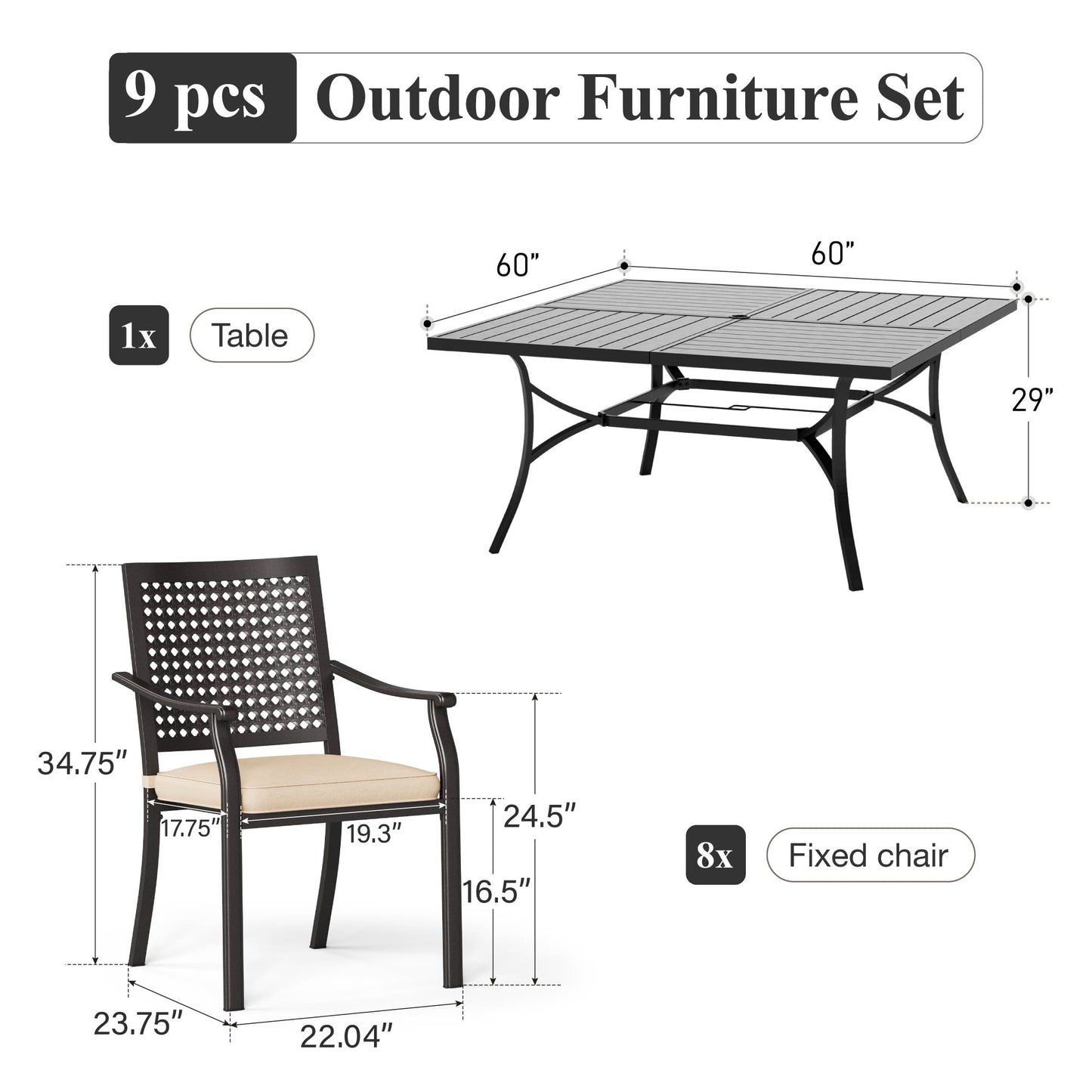 Captiva Designs 9pc Spacious Slat-top Square Metal Table with Umbrella Hole & Metal Stackable Chairs with Perforated Back