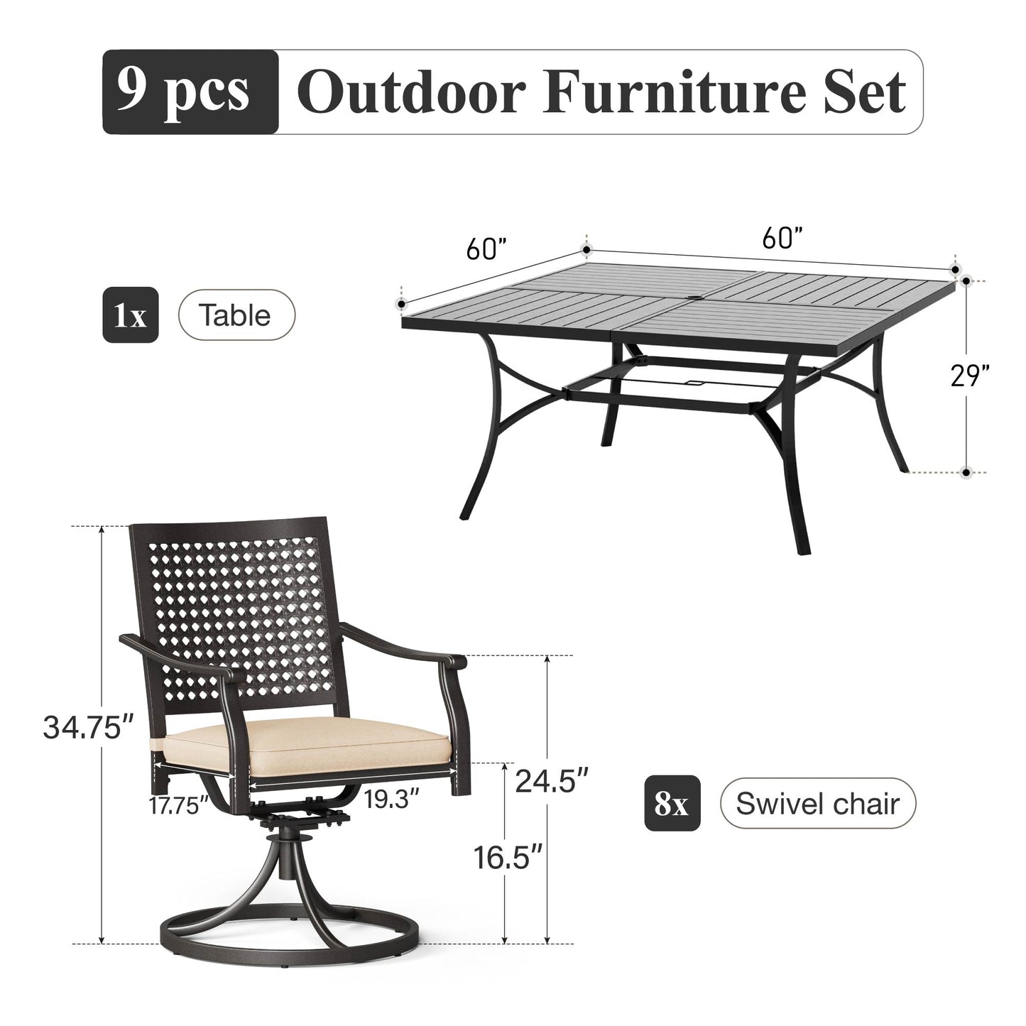 Captiva Designs 9pc Spacious Slat-top Square Metal Table with Umbrella Hole & Swivel Steel Chairs