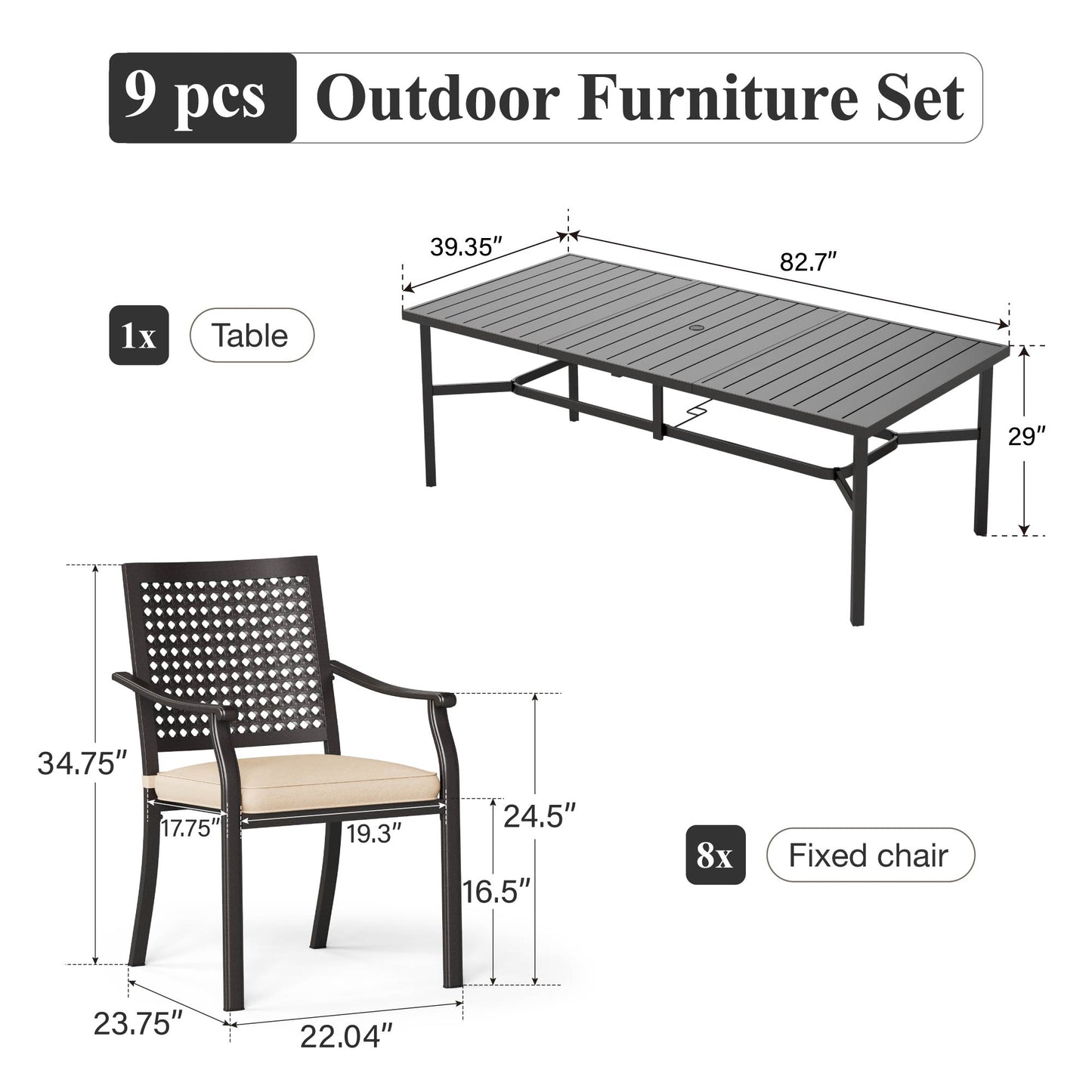 Captiva Designs 9pc Spacious Slat-top Rectangle Metal Table & Steel Stackable Chairs