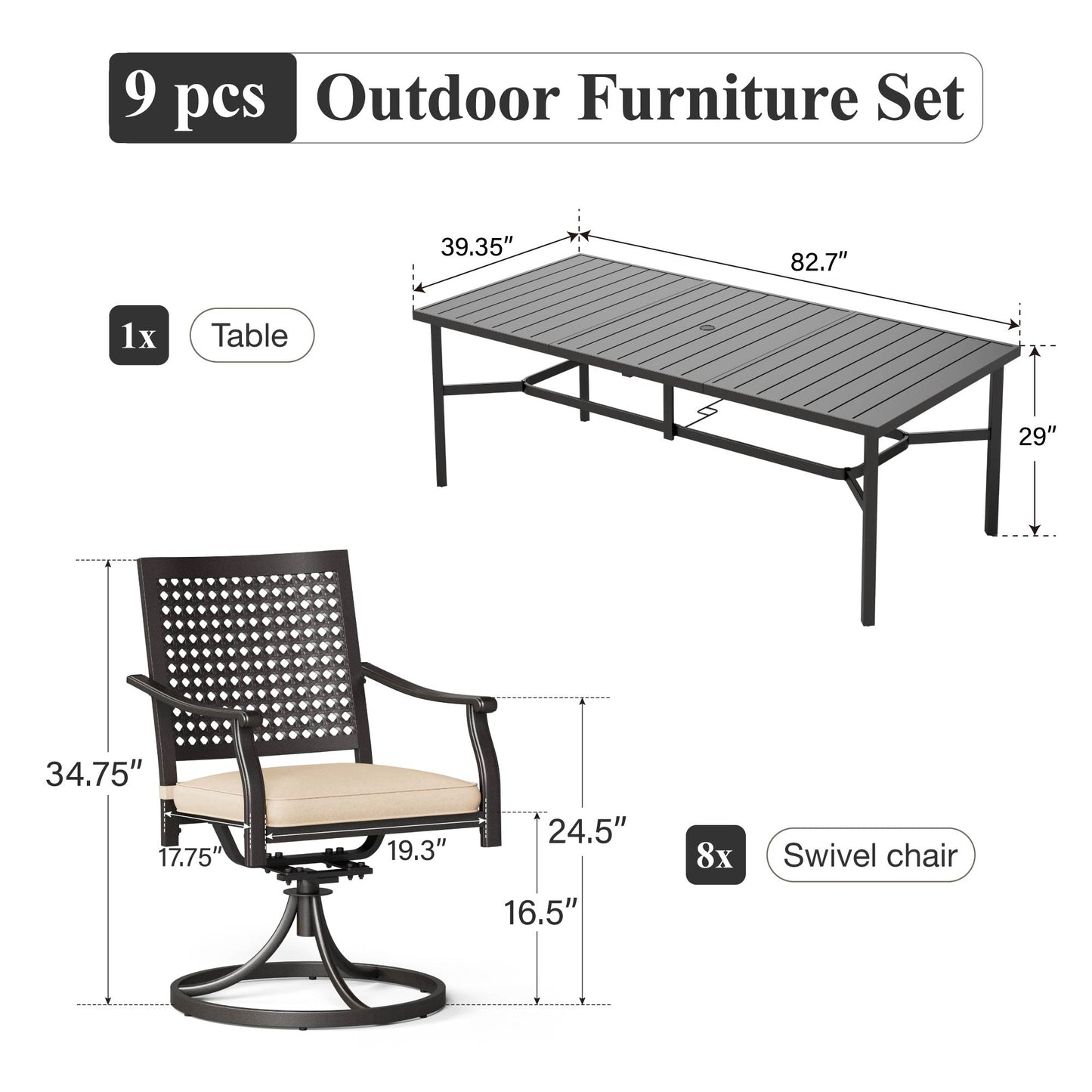 Captiva Designs 9pc Spacious Slat-top Rectangle Metal Table & Steel Stackable Chairs