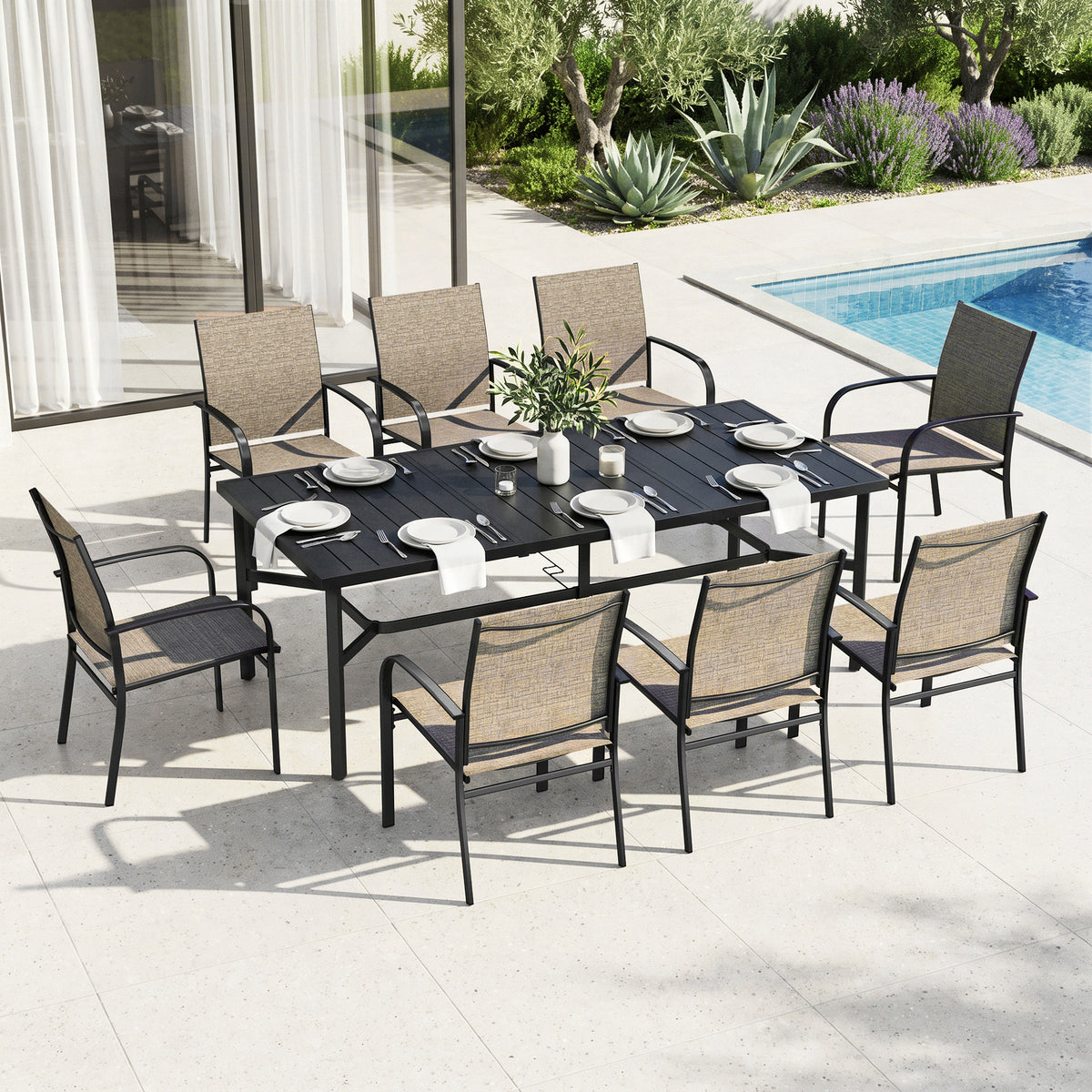 Captiva Designs 9pc Outdoor Patio Slat-top Rectangle Metal Dining Table & Breathable Textilene Chairs