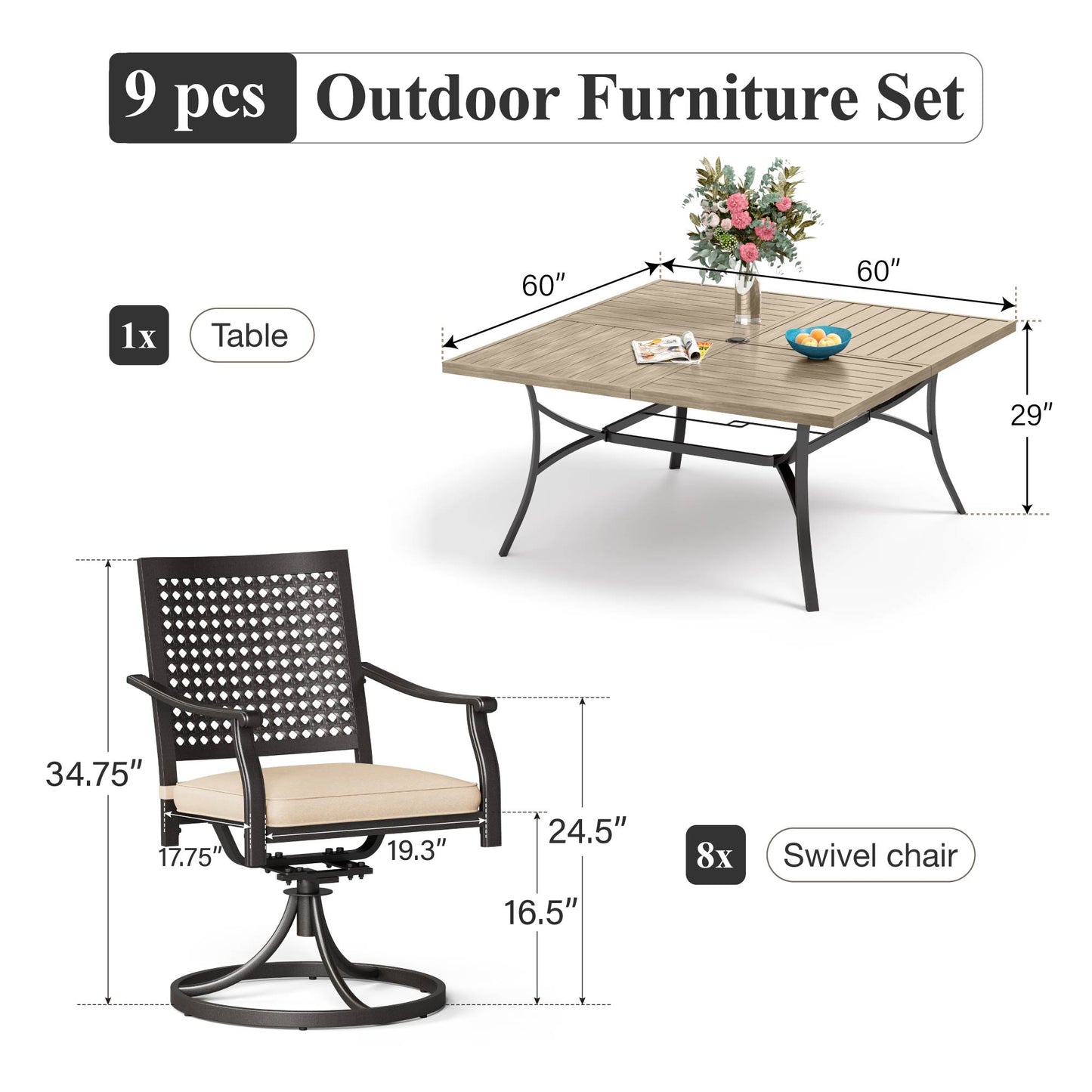 Captiva Designs 9pc Spacious Slat-top Square Metal Table with Umbrella Hole & Swivel Steel Chairs