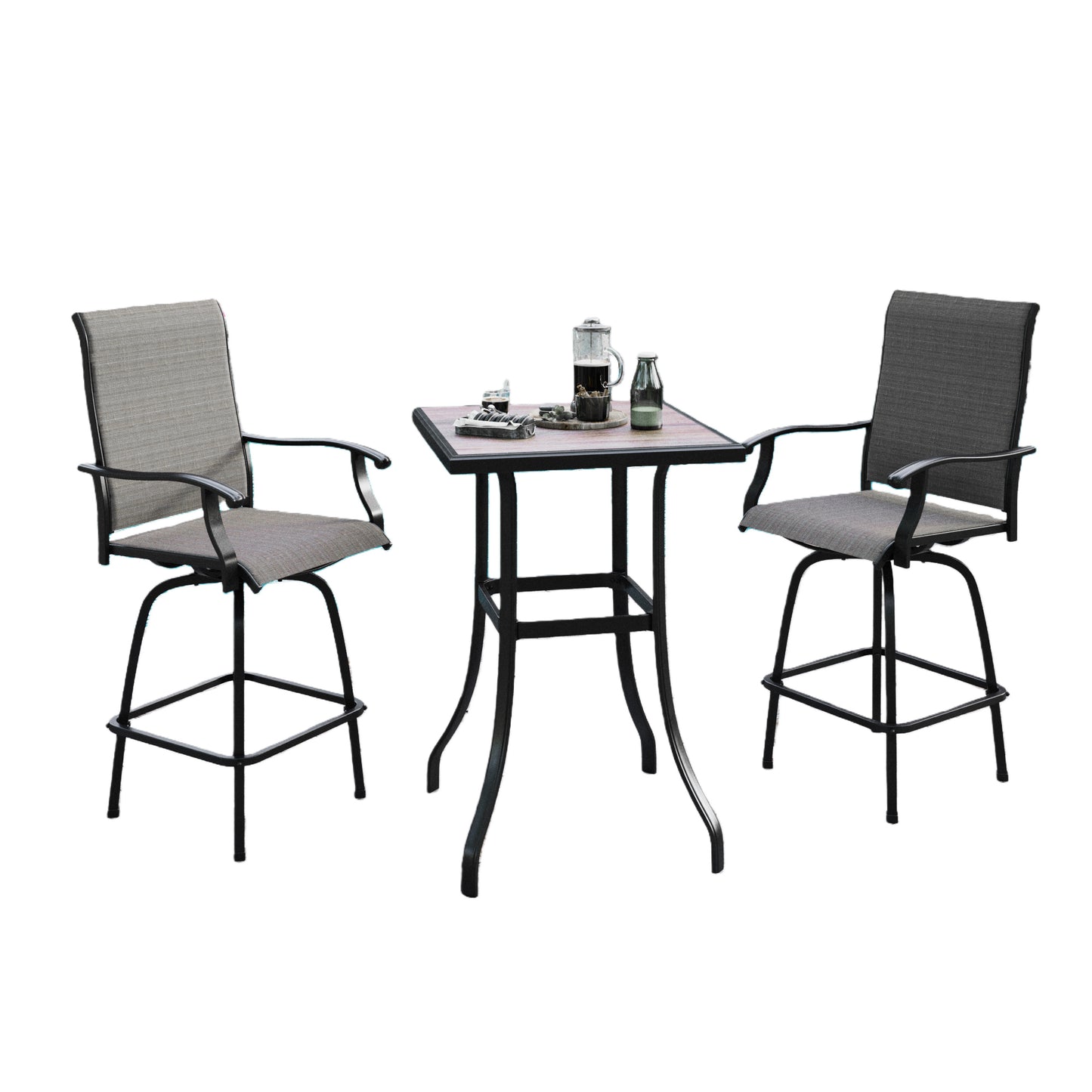 Captiva Designs 3Pc Outdoor Patio Dining Bar Set with Steel Steel Table & Sling Swivel Bar Stools