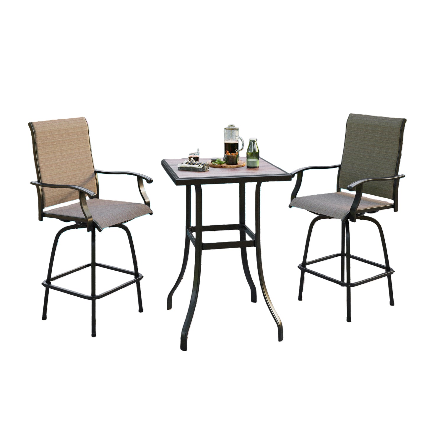 Captiva Designs 3Pc Outdoor Patio Dining Bar Set with Steel Steel Table & Sling Swivel Bar Stools