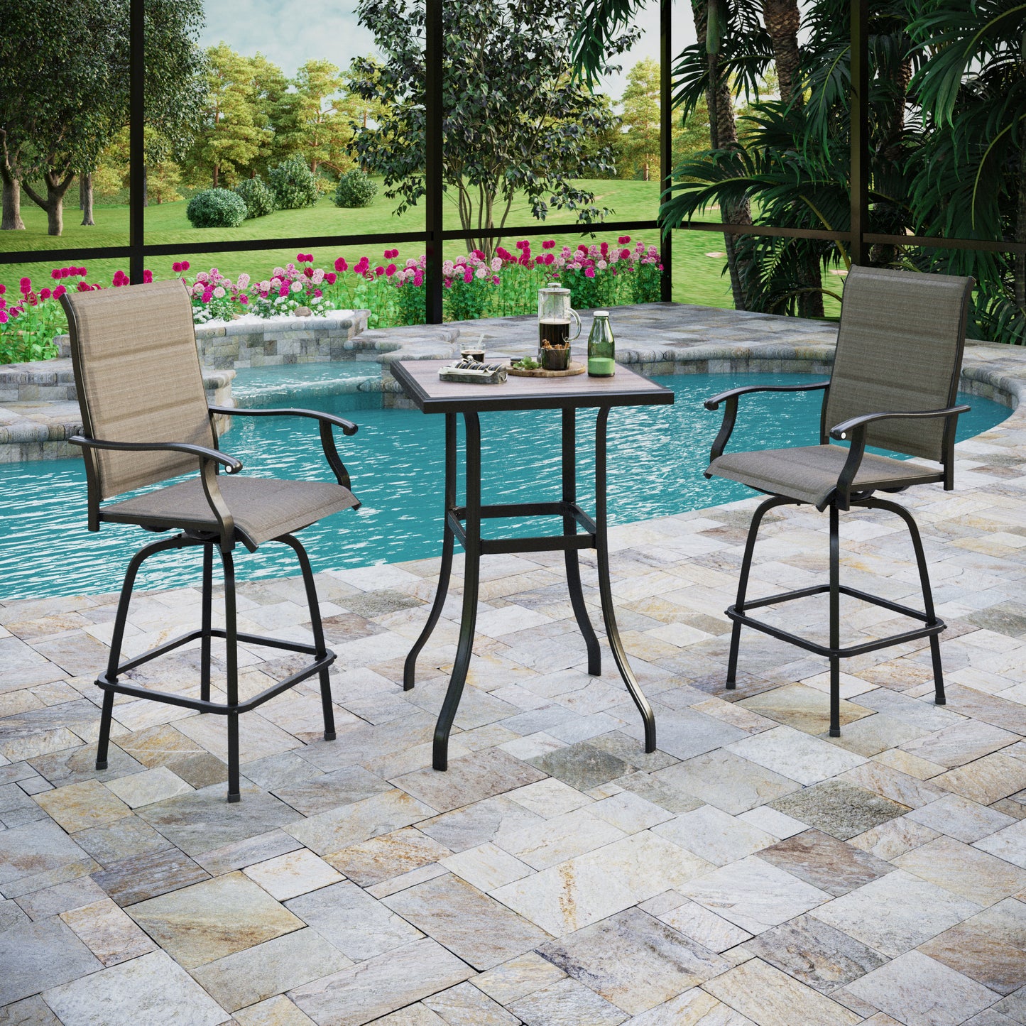 Captiva Designs 3Pc Outdoor Patio Dining Bar Set with Steel Steel Table & Sling Swivel Bar Stools