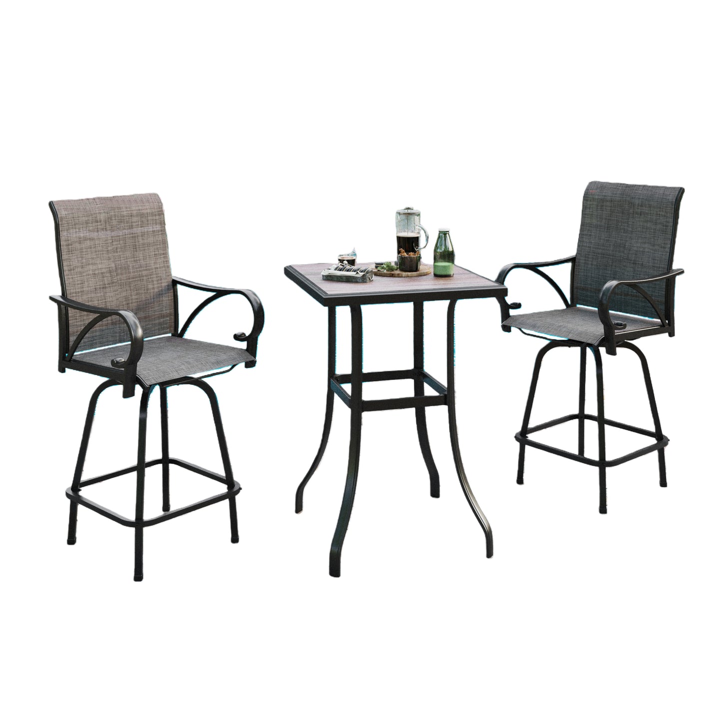 Captiva Designs 3Pc Outdoor Patio Dining Bar Set with Steel Steel Table & Sling Swivel Bar Stools