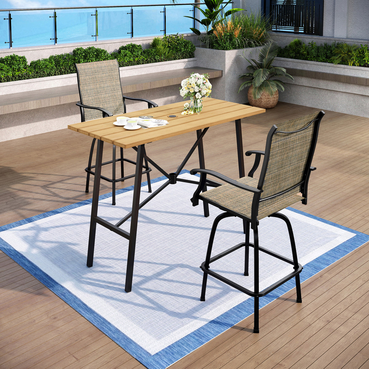 Captiva Designs 3pc Patio Slat-top Rectangle Wood-look Finished Metal Bar Table & Sling Swivel Bar Stools