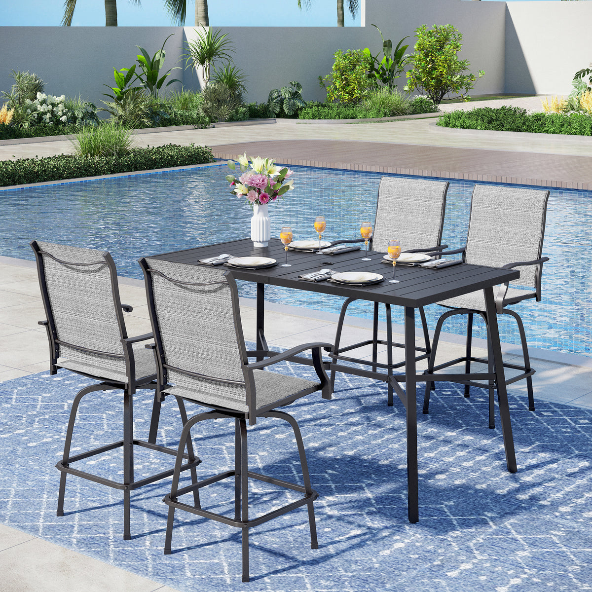 Captiva Designs 5pc Outdoor Patio Slatted Top Rectangle Metal Bar Table & Sling Swivel Bar Stools
